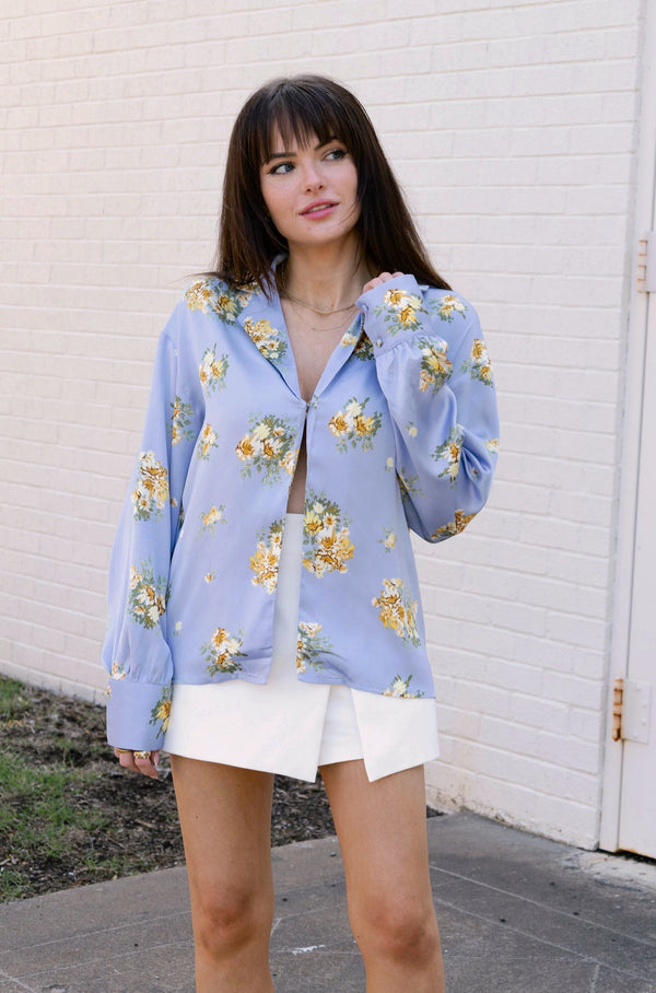 Blue Floral Satin Shirt