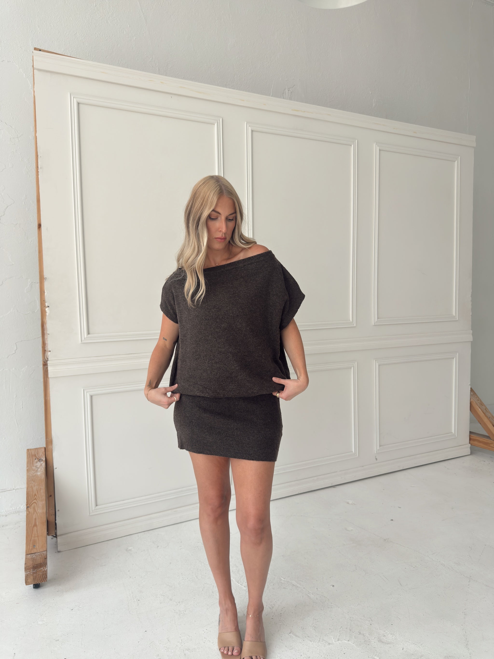 Lauren Off Shoulder Drop Waist Sweater Dress - Brown