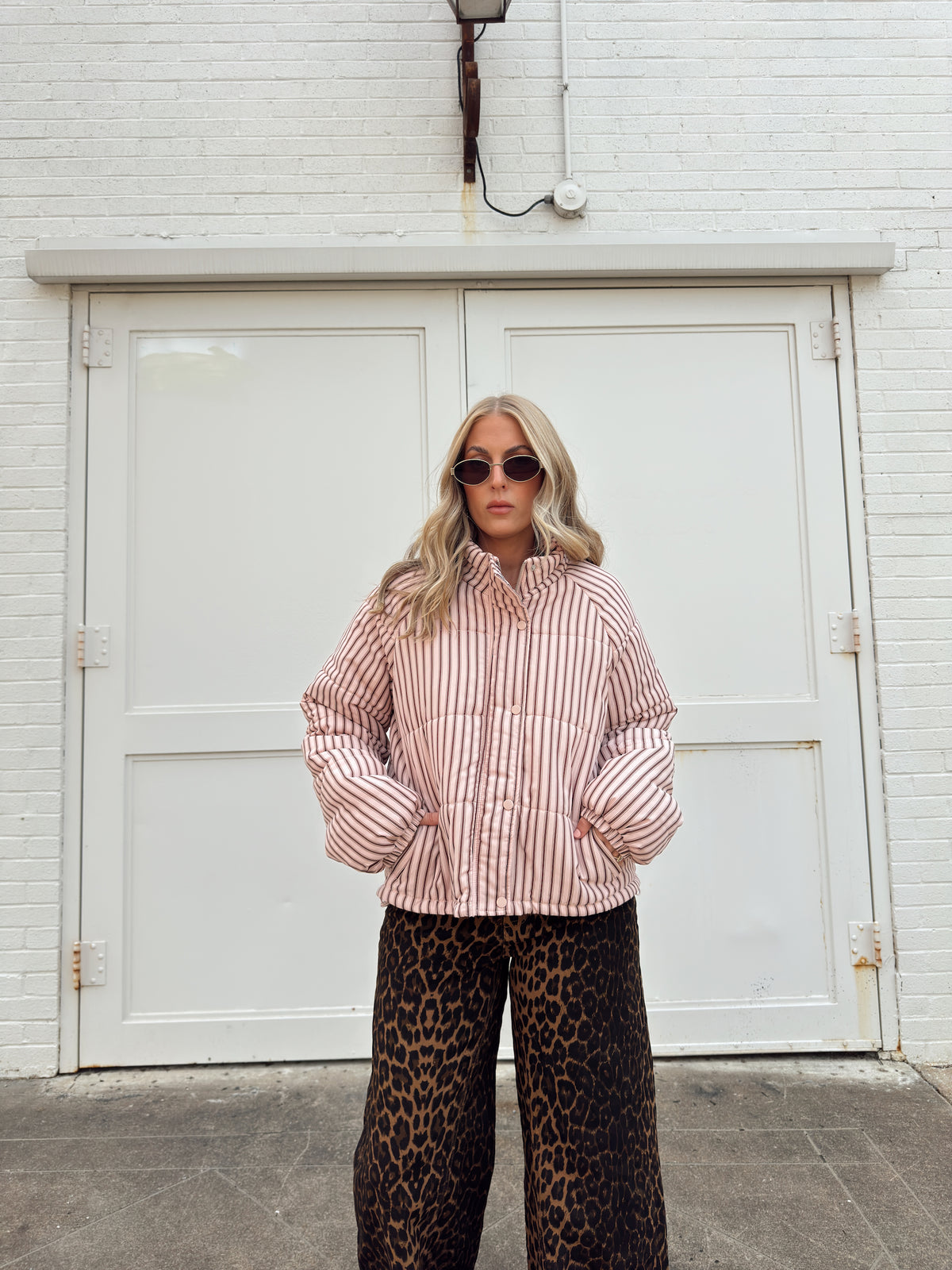 Brown and Blush Striped Puffer Jacket