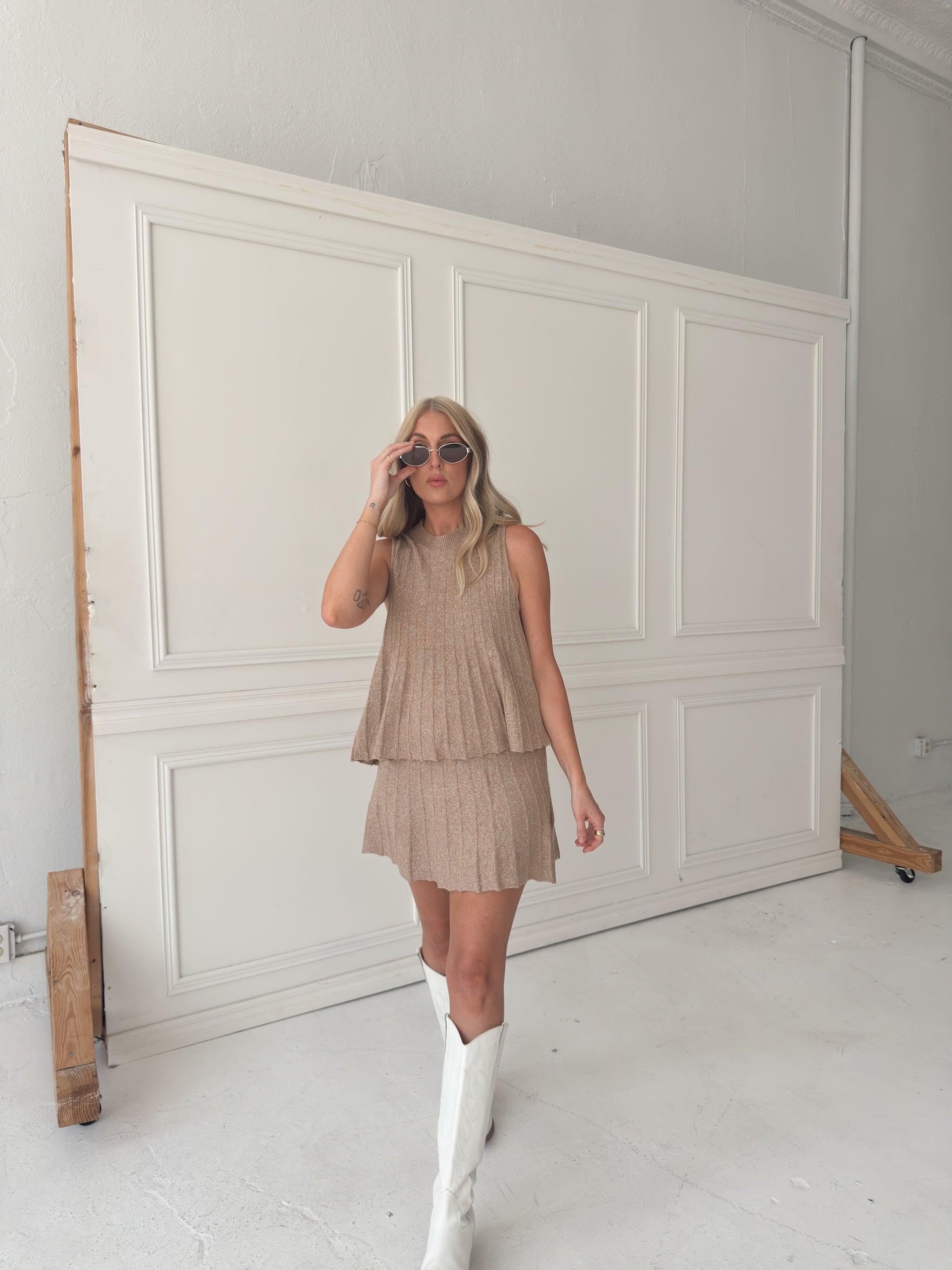 Rylan Ribbed Sweater A-line Mini Skirt With Flared Hem - Mocha