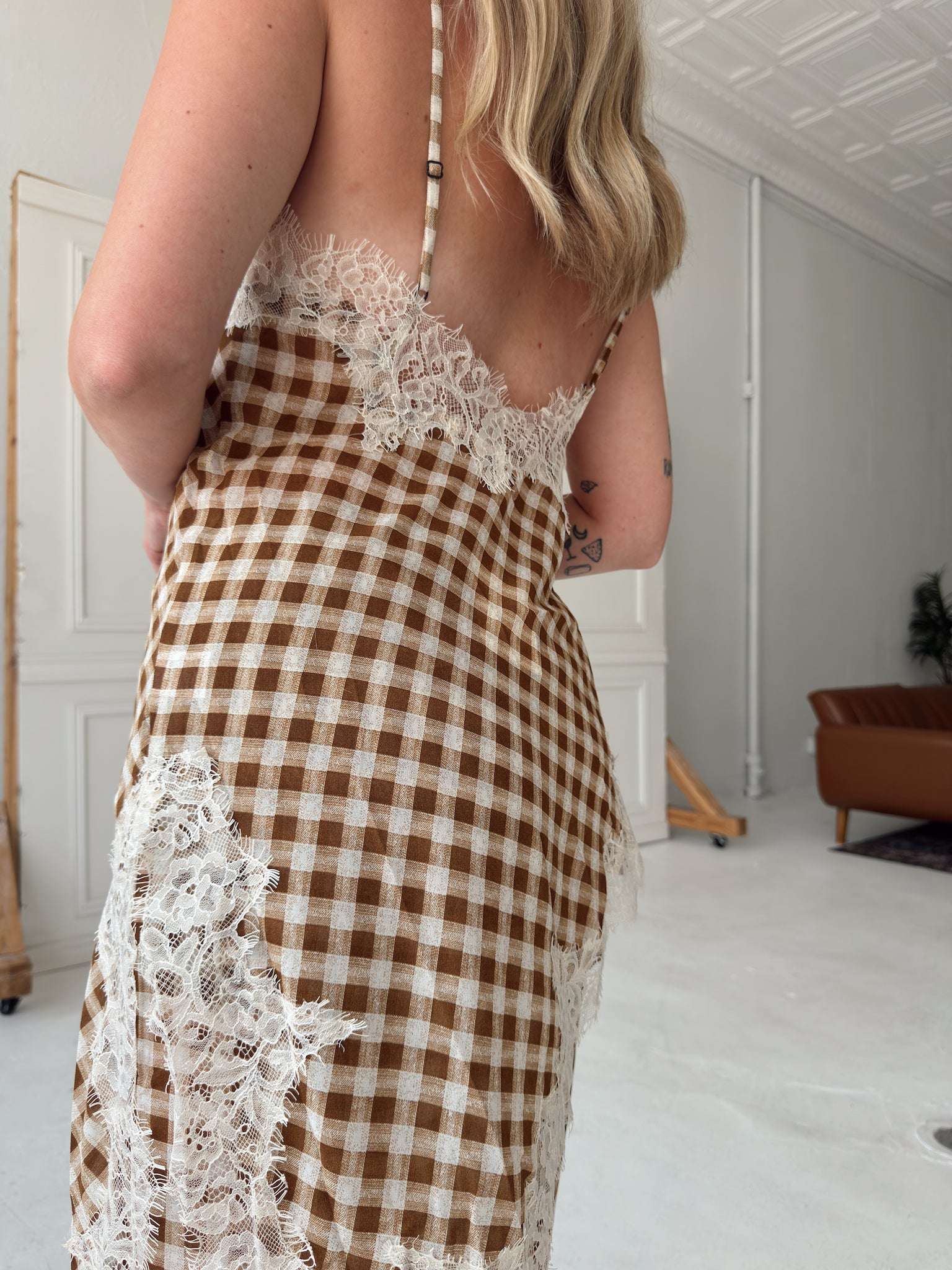 Georgia Gingham Lace Trim Set - Camel