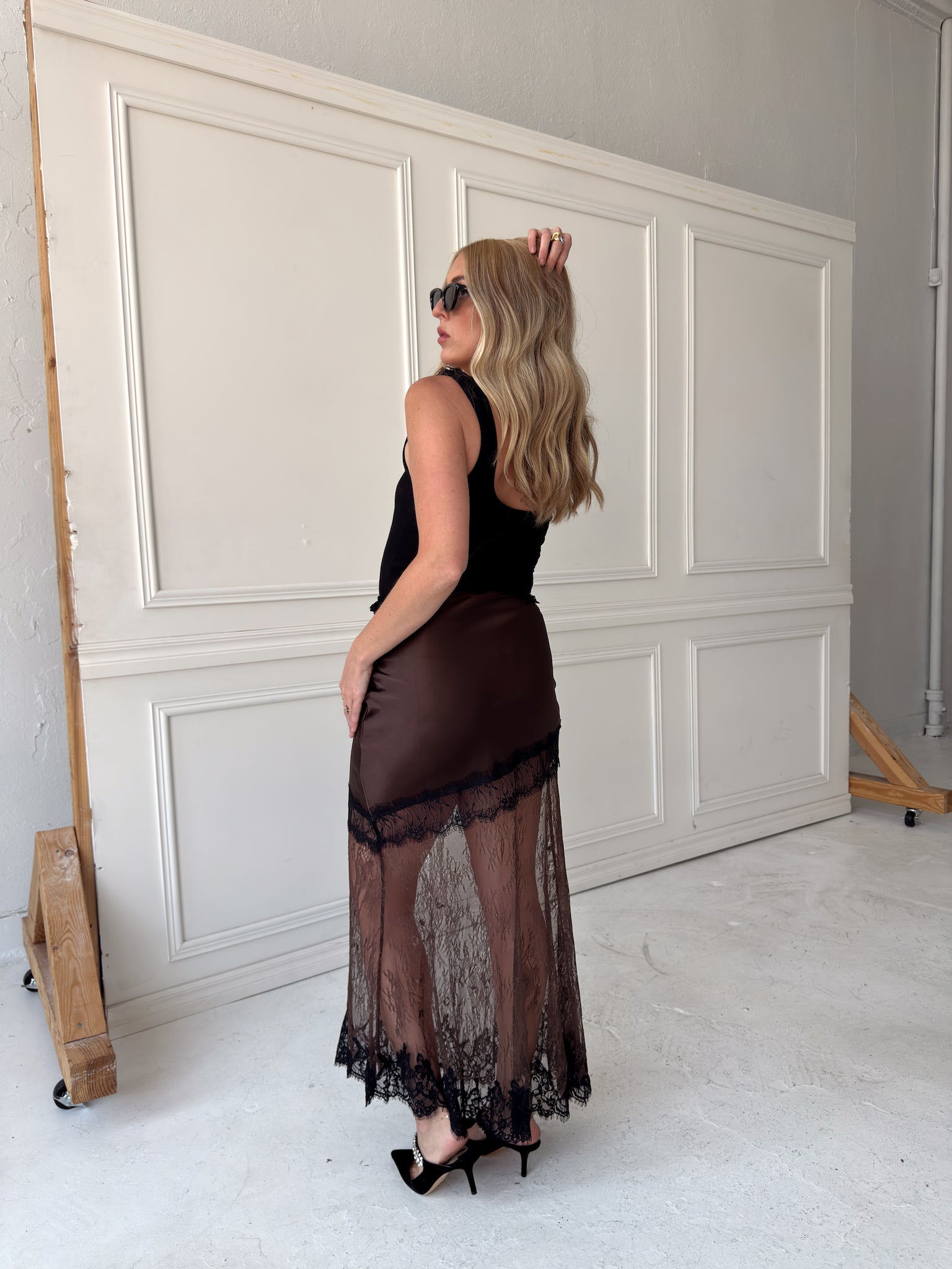 Beulah Style Asymmetrical Satin And Lace Maxi Skirt