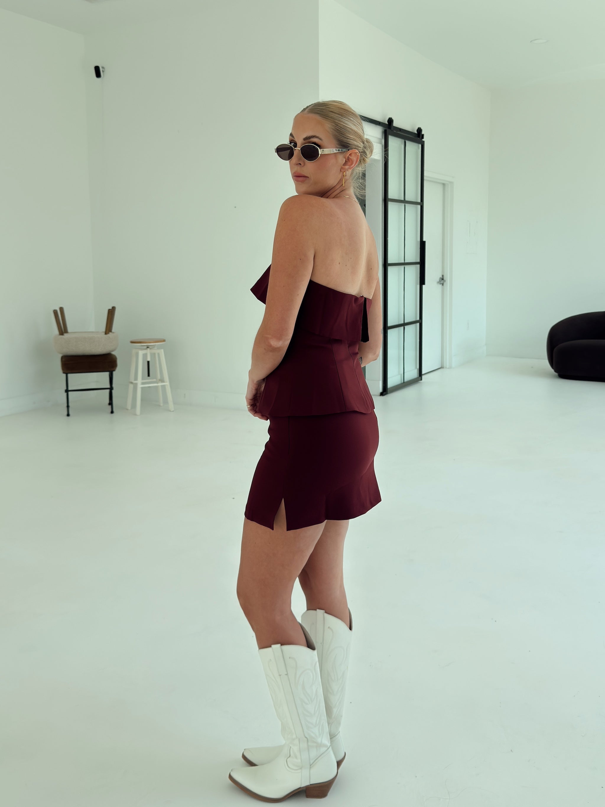 Crepe Strapless Foldover Top - Maroon