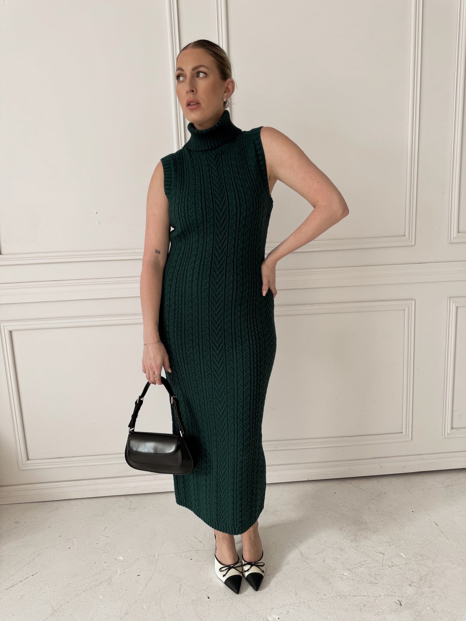 English Factory Cable Knit Mock Neck Midi Dress
