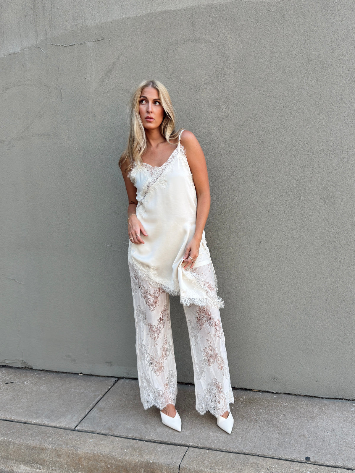 Maia Satin Lace Trim Set - Ivory