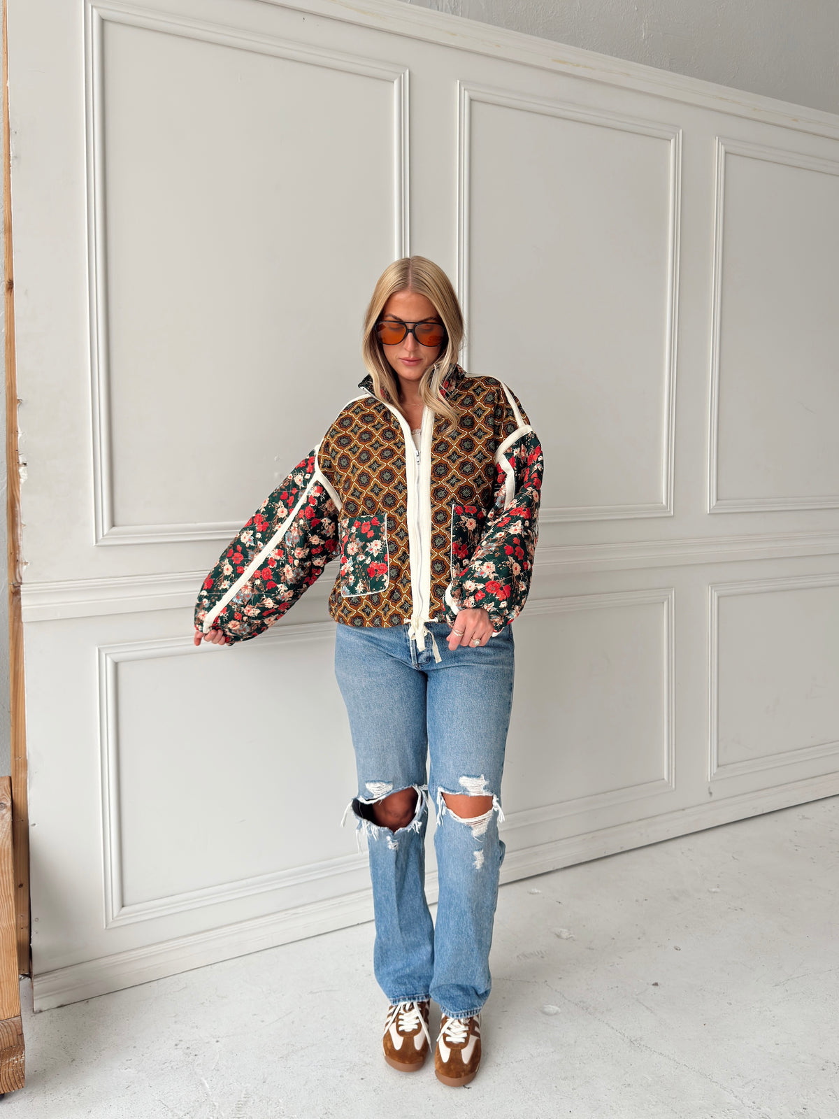 Quinn Quilted Bomber Jacket in Brown