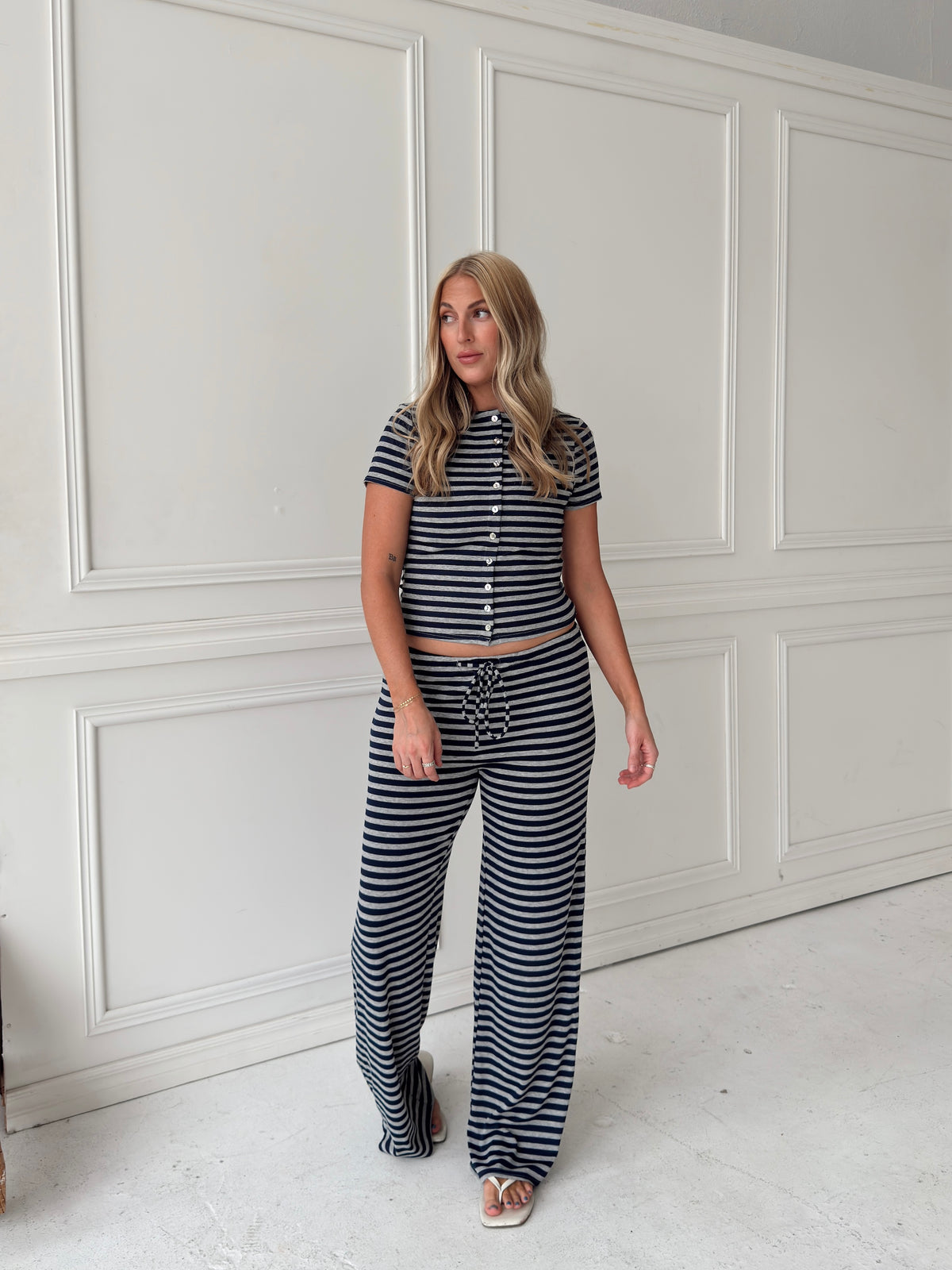 Brady Striped Button Up Top - Navy/Grey