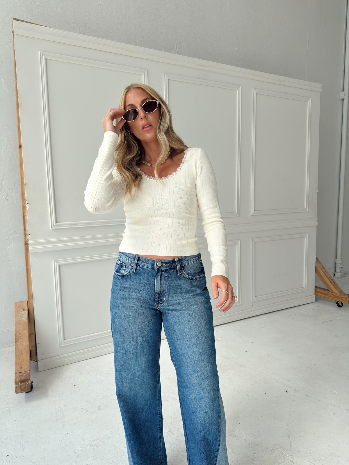 Presley Pointelle Rib Knit Sweater - Ivory