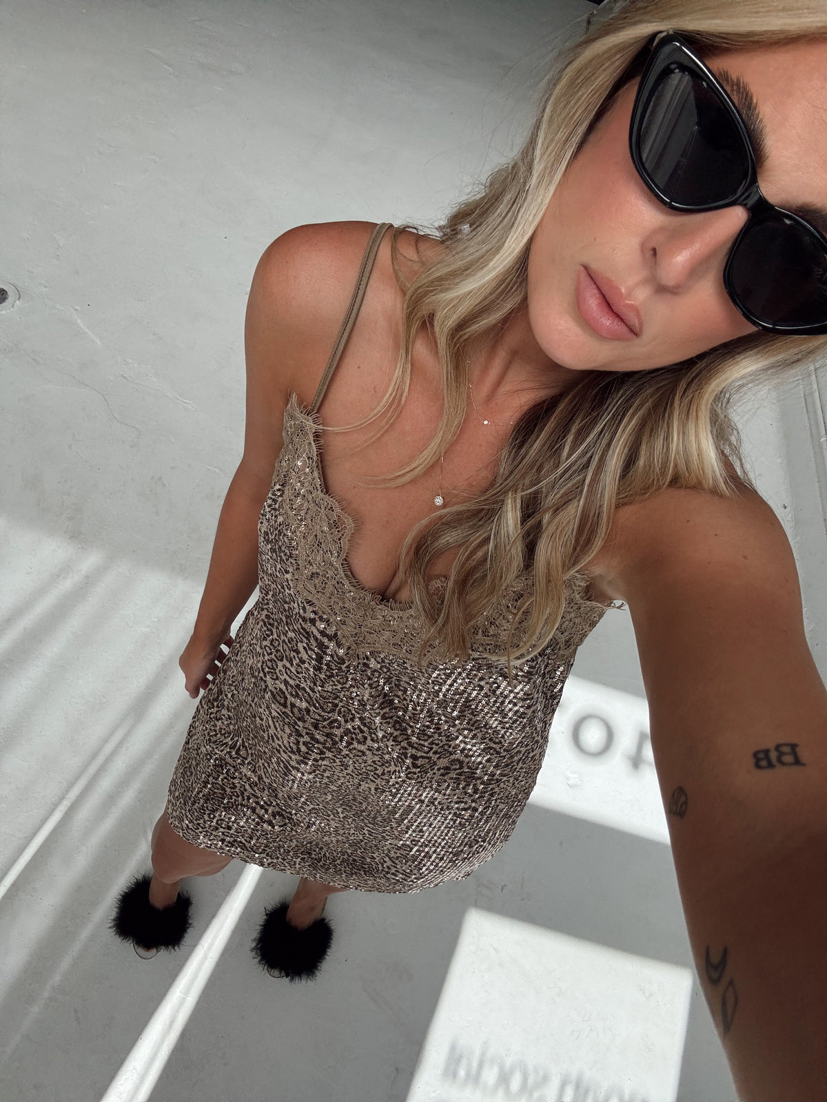 Sally Leopard Sequin Lace Trim Mini Dress