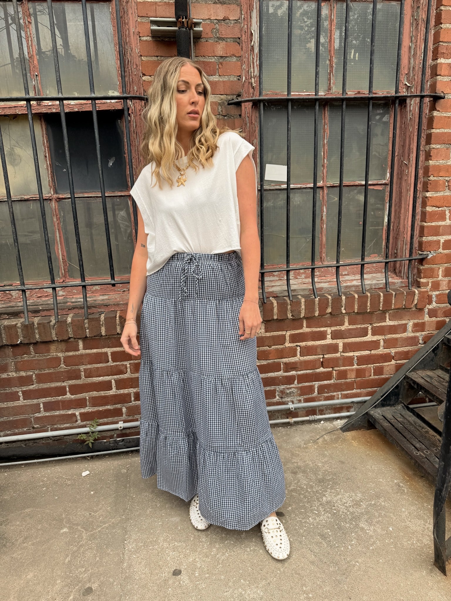 Henley Gingham Tiered Maxi Skirt