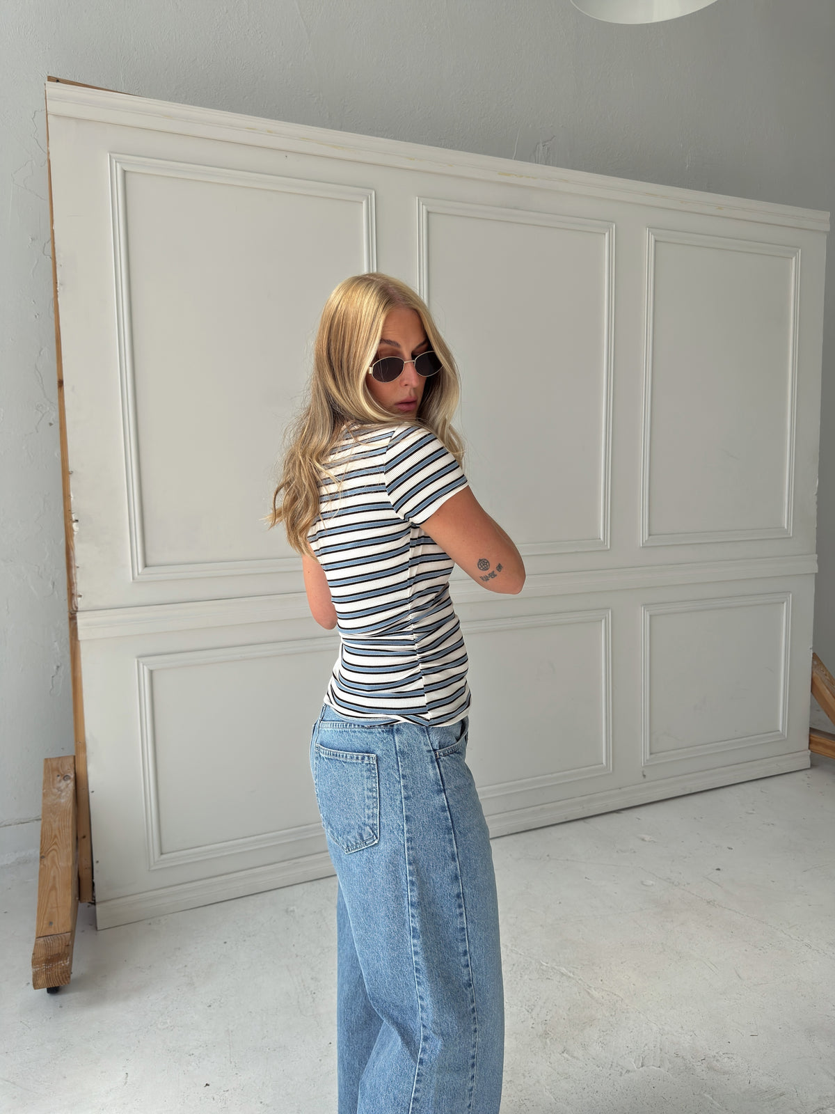 Sophia Stripe Ruched Short Sleeve Top