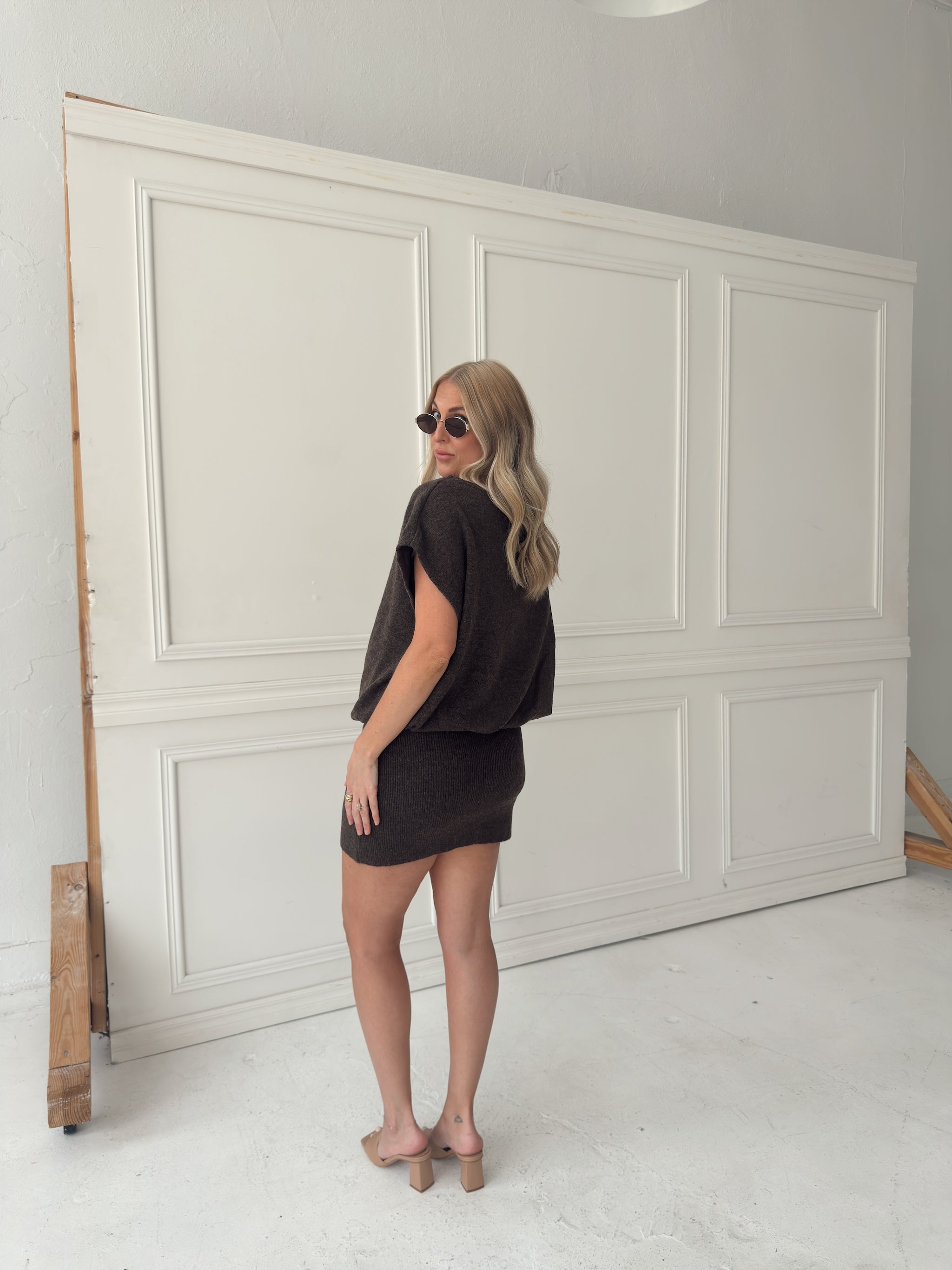 Lauren Off Shoulder Drop Waist Sweater Dress - Brown