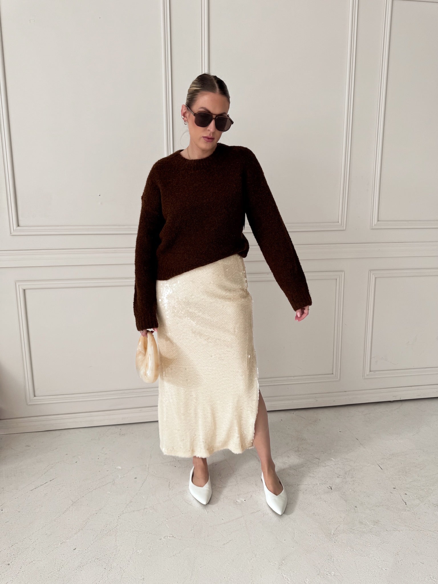 Endless Rose Ivory Sequin Midi Skirt