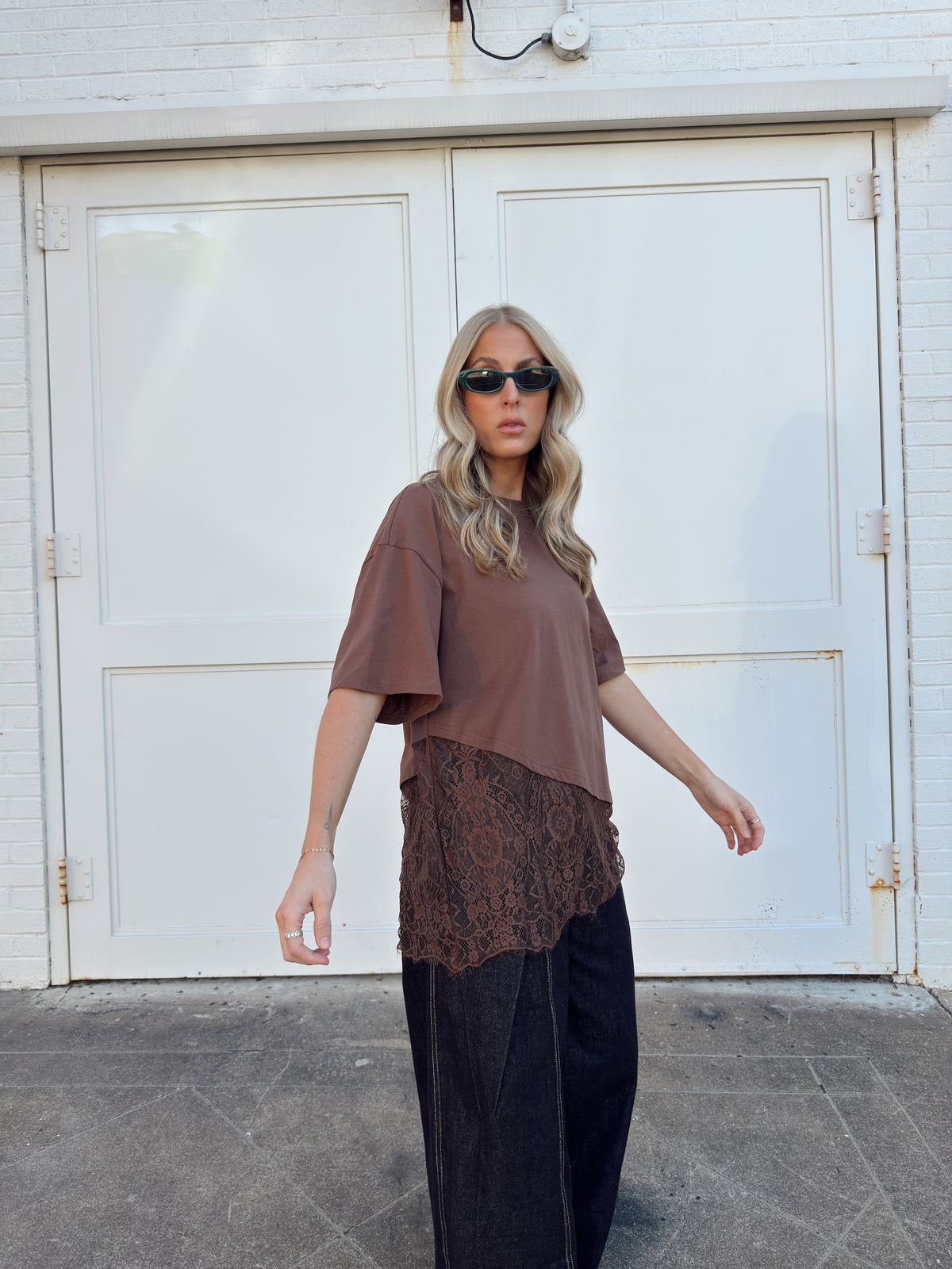 Jacqueline Lace Asymmetrical Tee - Brown