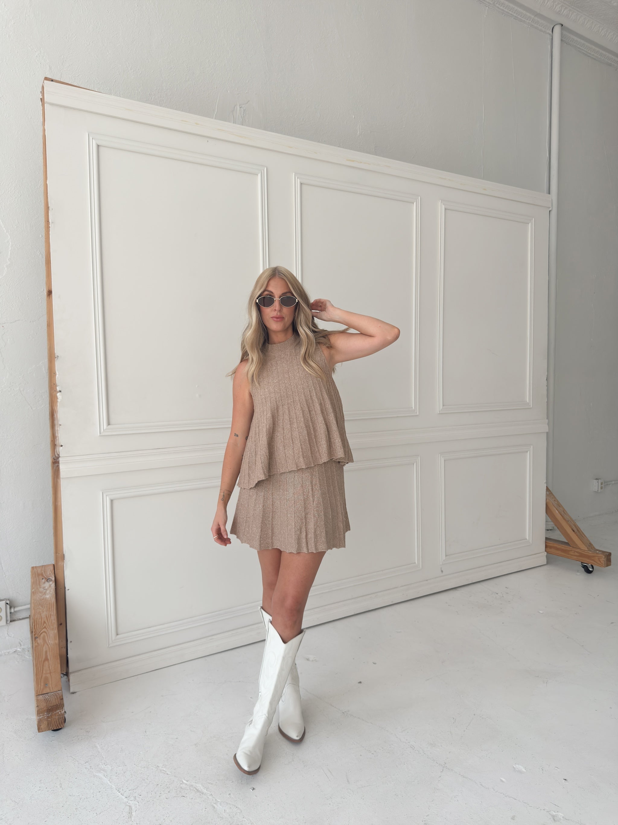 Rylan Ribbed Sweater A-line Mini Skirt With Flared Hem - Mocha