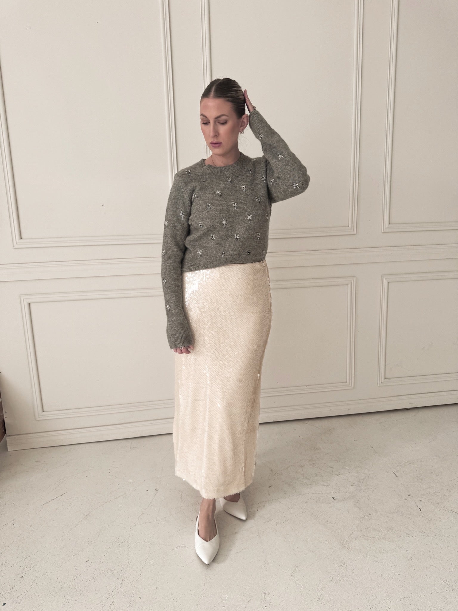 Endless Rose Ivory Sequin Midi Skirt