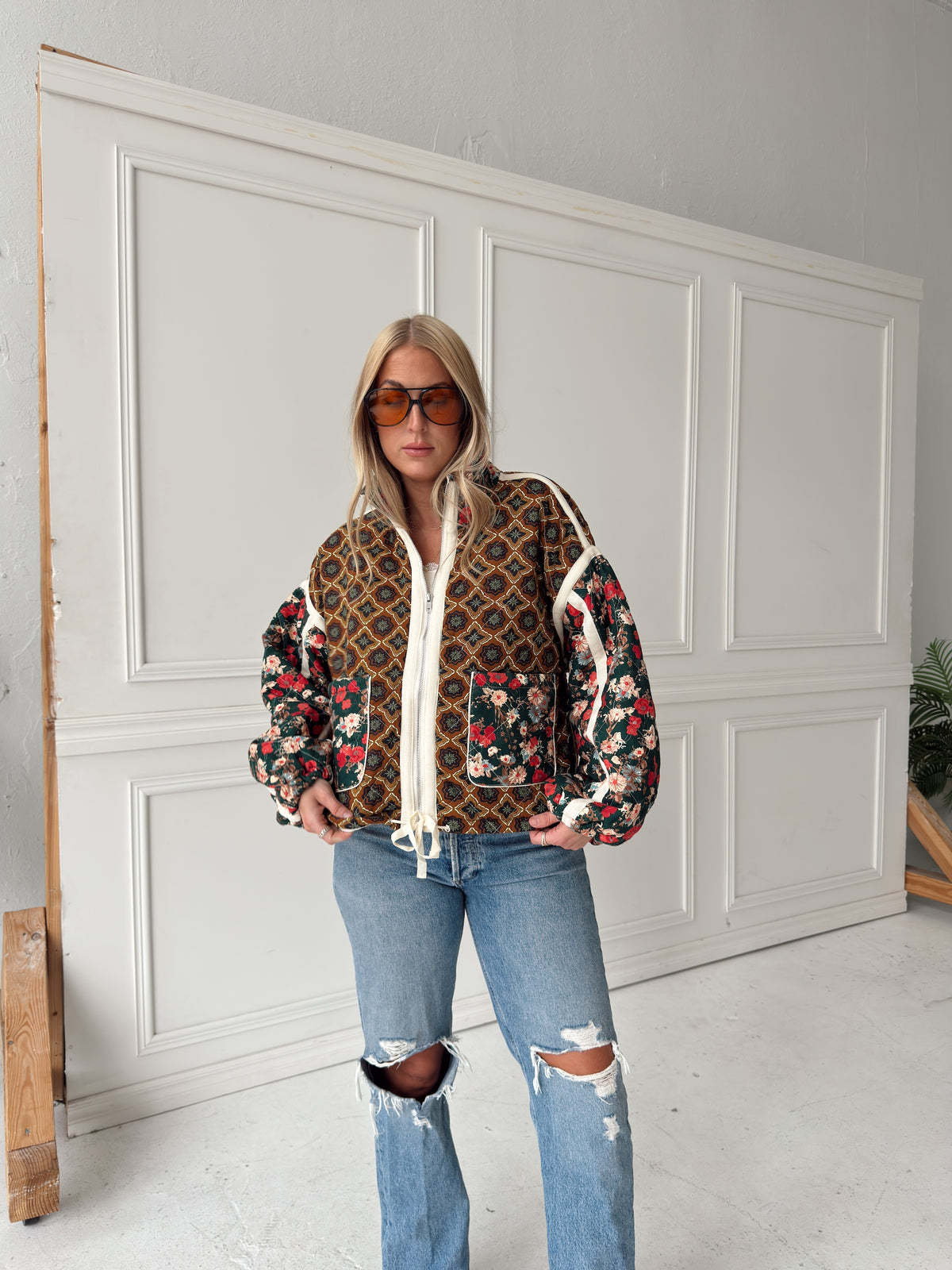 Quinn Quilted Bomber Jacket in Brown