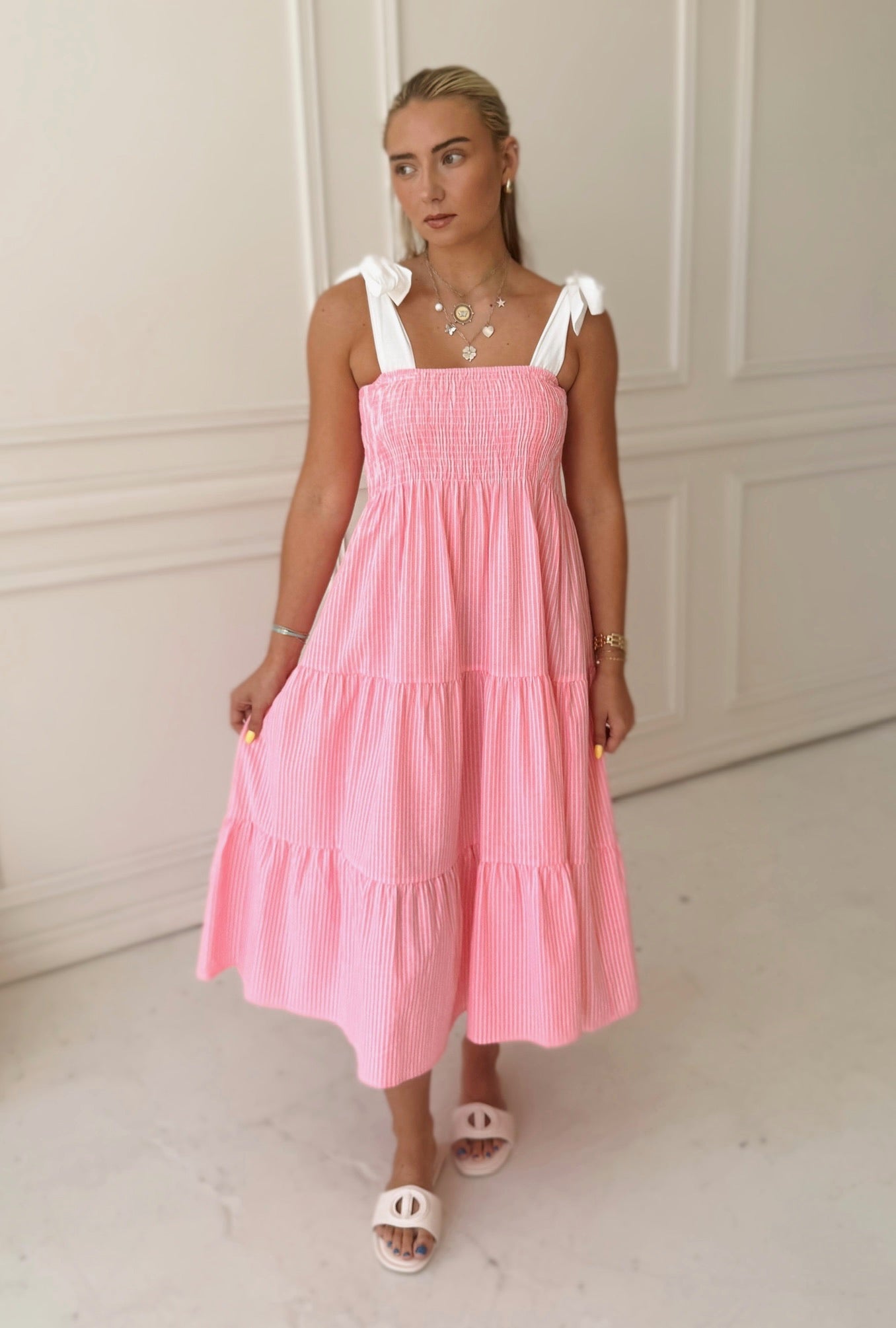 Meet Me in Santorini Coral Stripe Midi Dress