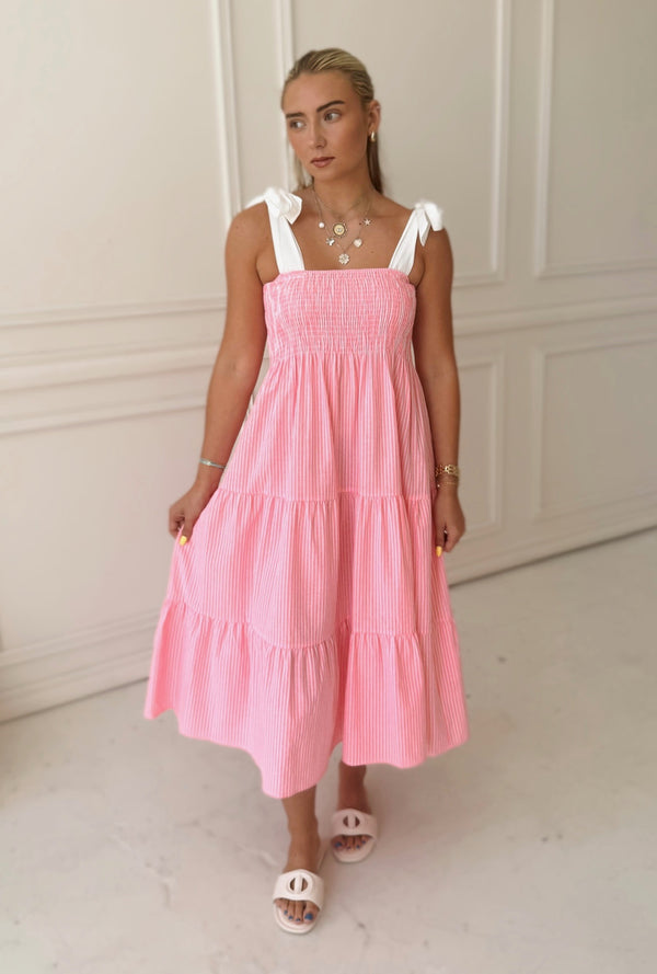 Meet Me in Santorini Coral Stripe Midi Dress