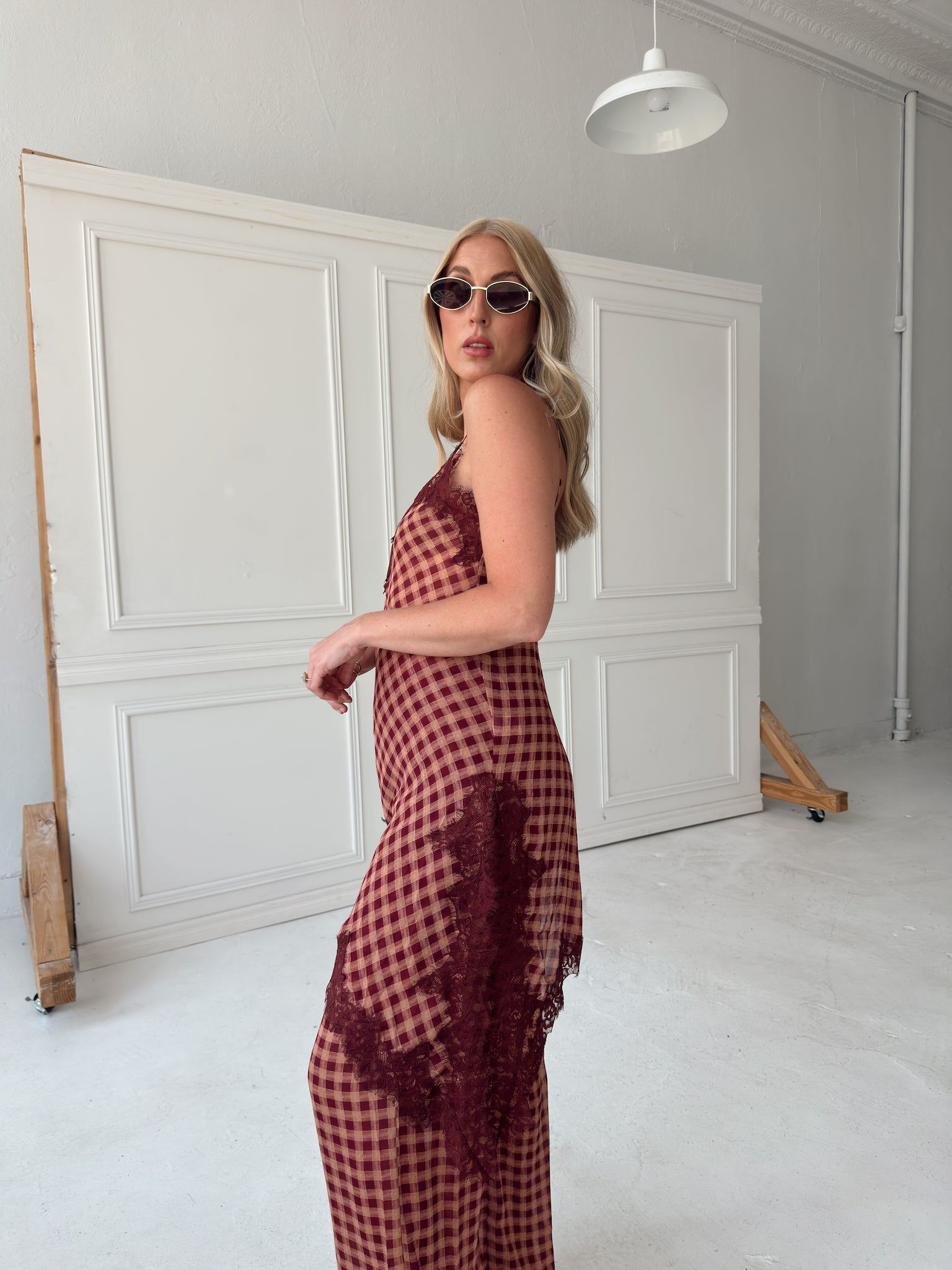 Georgia Gingham Lace Trim Set - Maroon