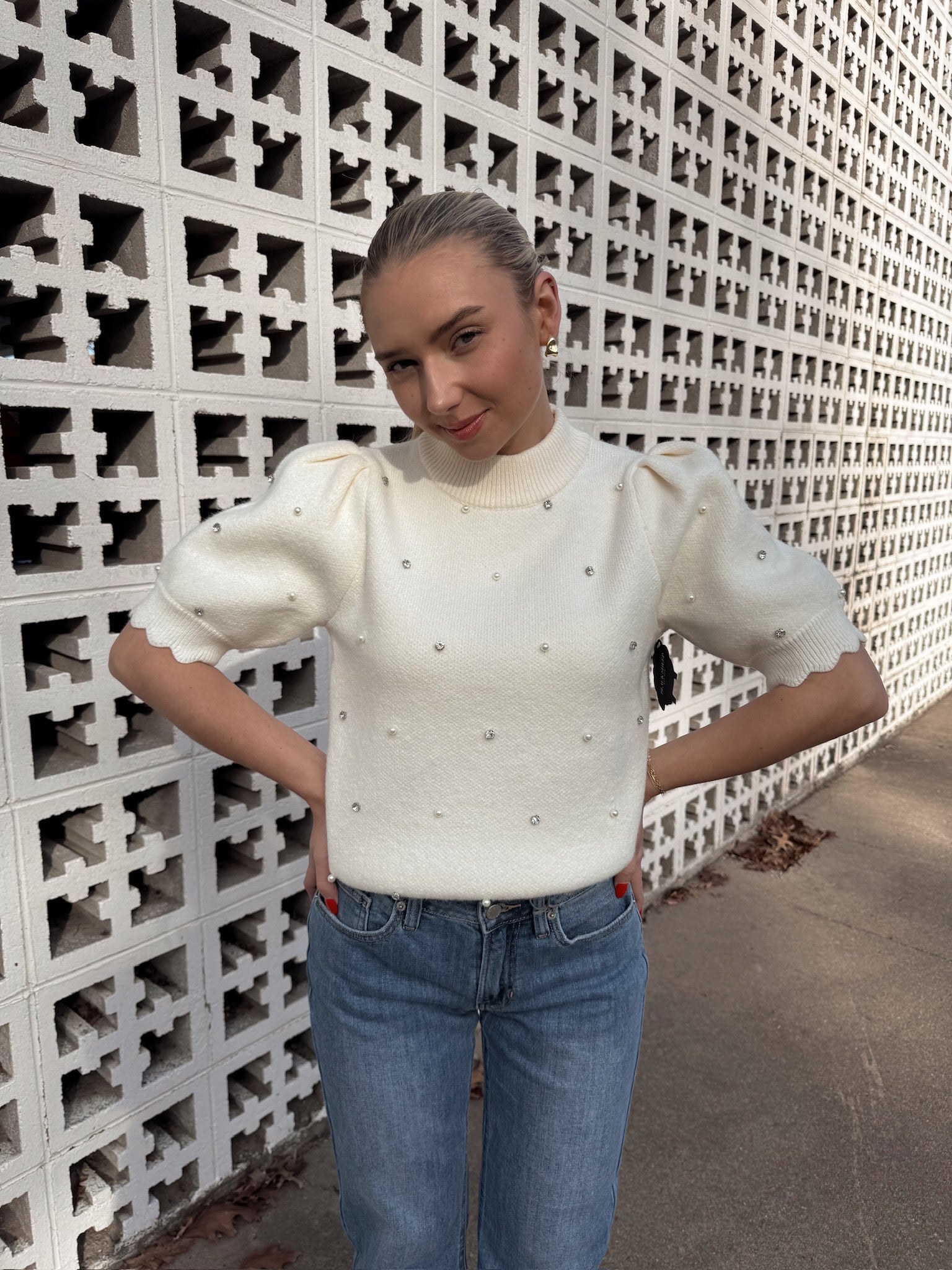 English Factory Scallop Embellishment Sweater