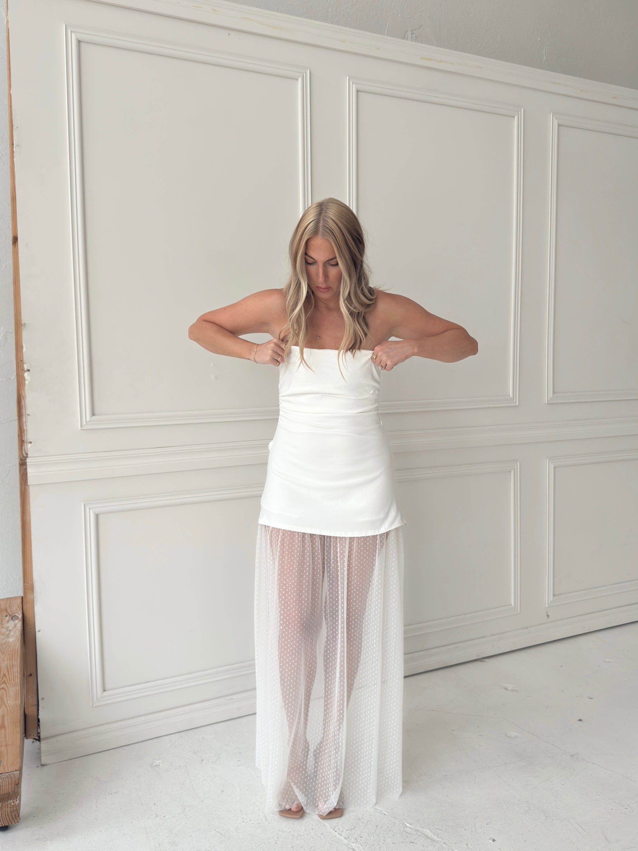 Melissa Strapless Mesh Maxi Dress - White