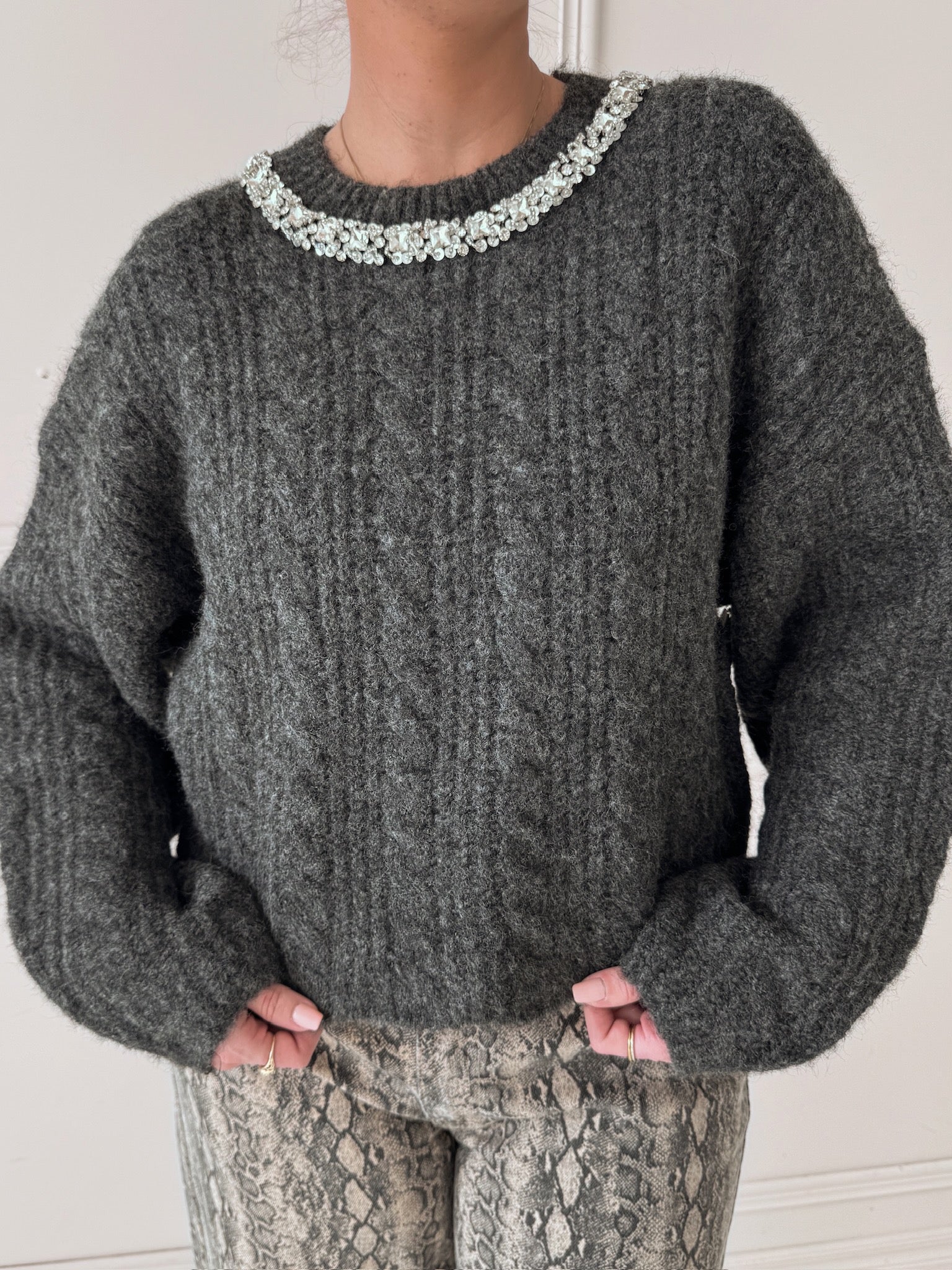 Endless Rose Jewel Embroidered Cable Knit Sweater