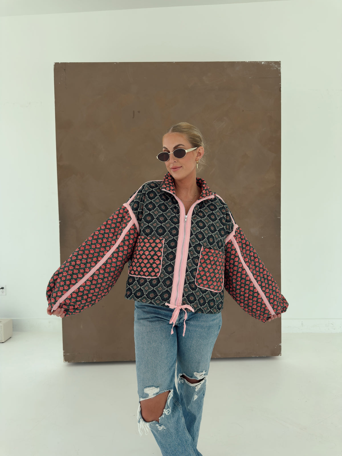 Quinn Quilted Bomber Jacket in Rose Garden