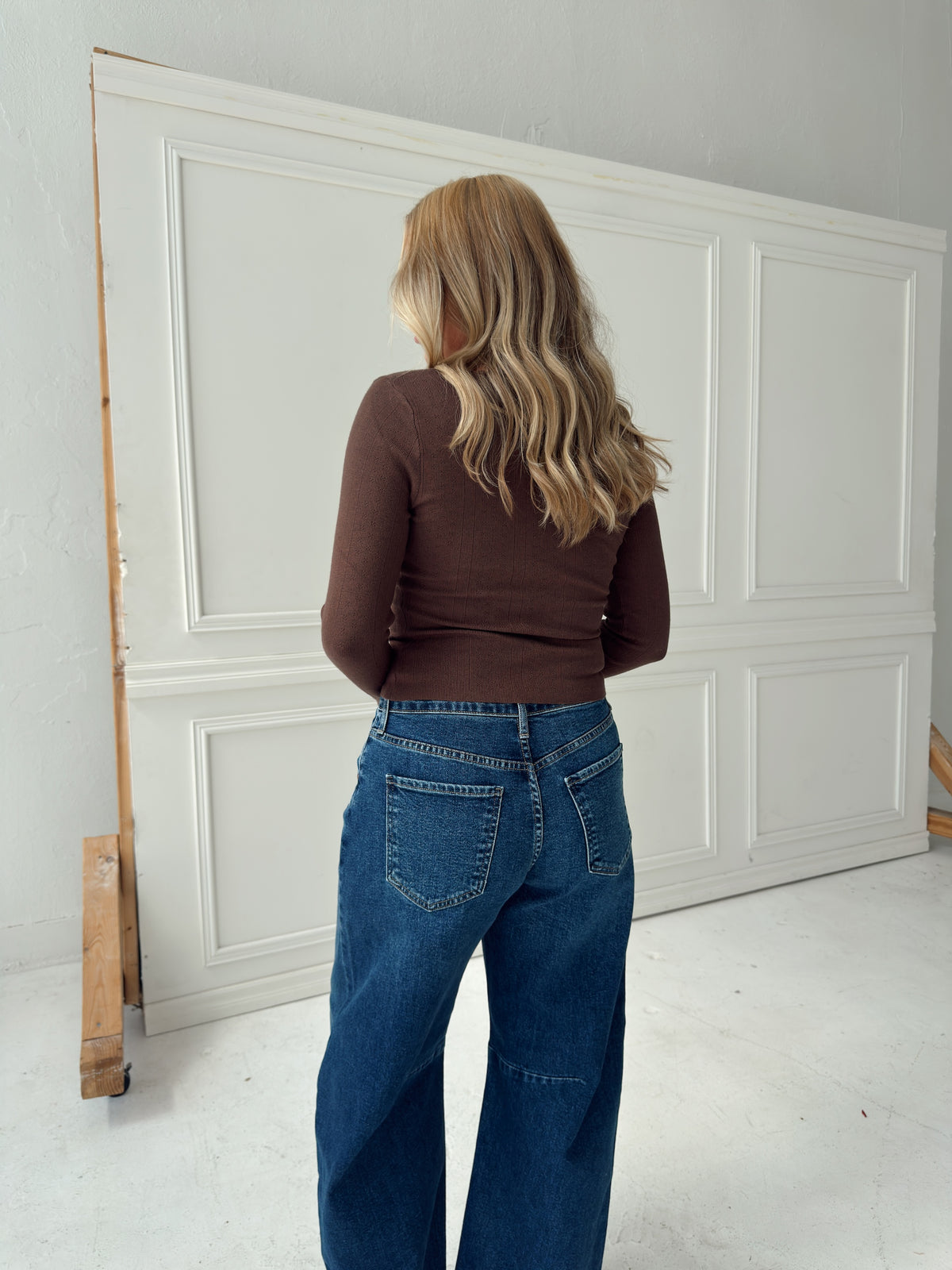 Presley Pointelle Rib Knit Sweater - Brown