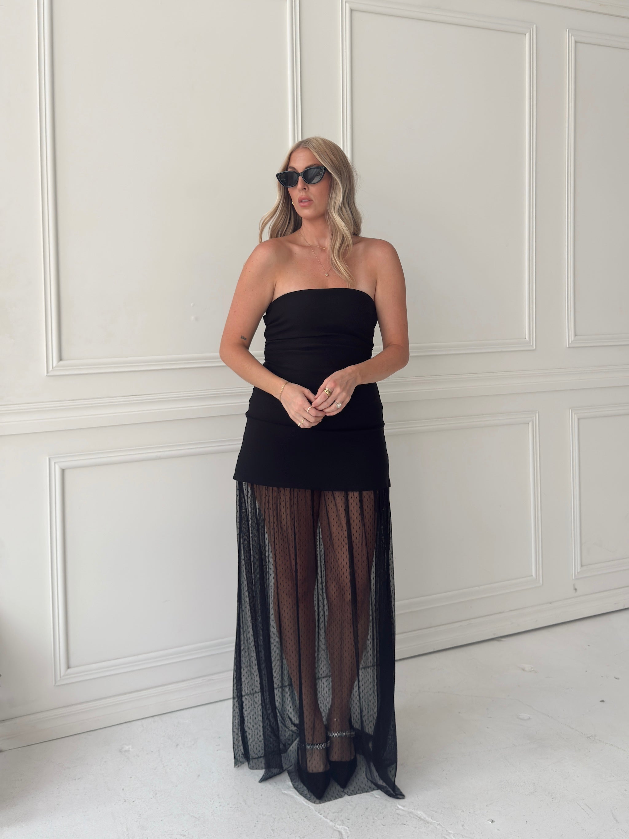 Melissa Strapless Mesh Maxi Dress - Black