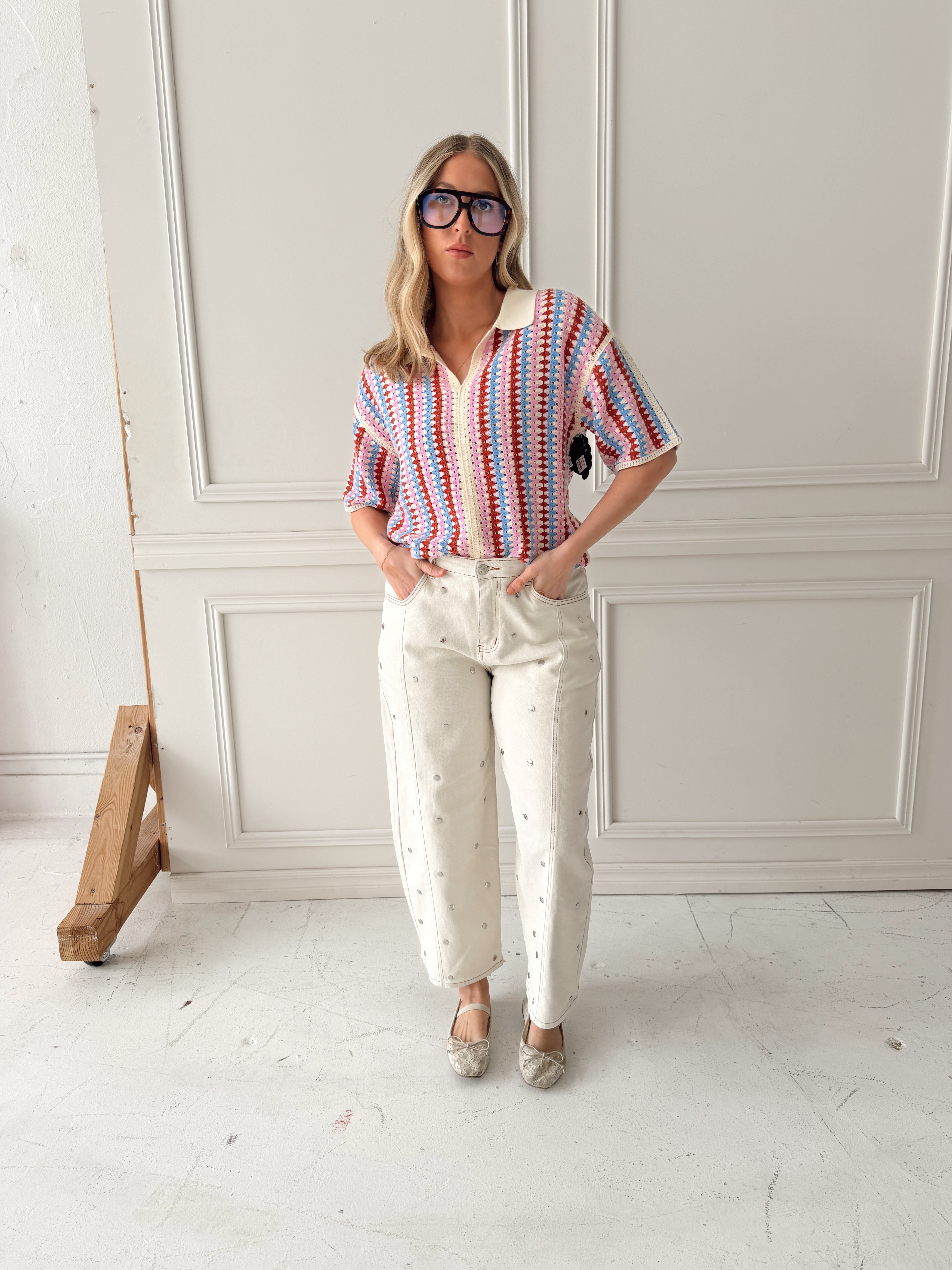 Studded Barrel Jeans - Off White