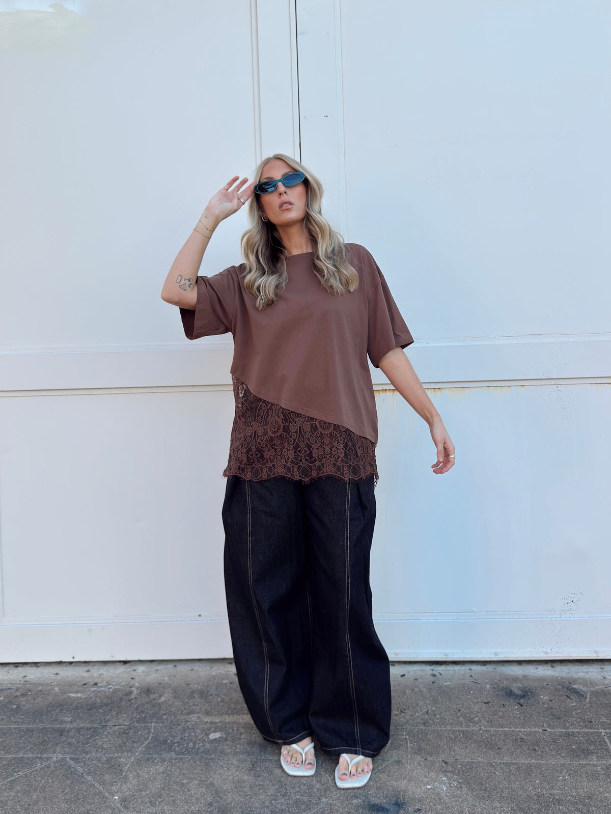 Jacqueline Lace Asymmetrical Tee - Brown