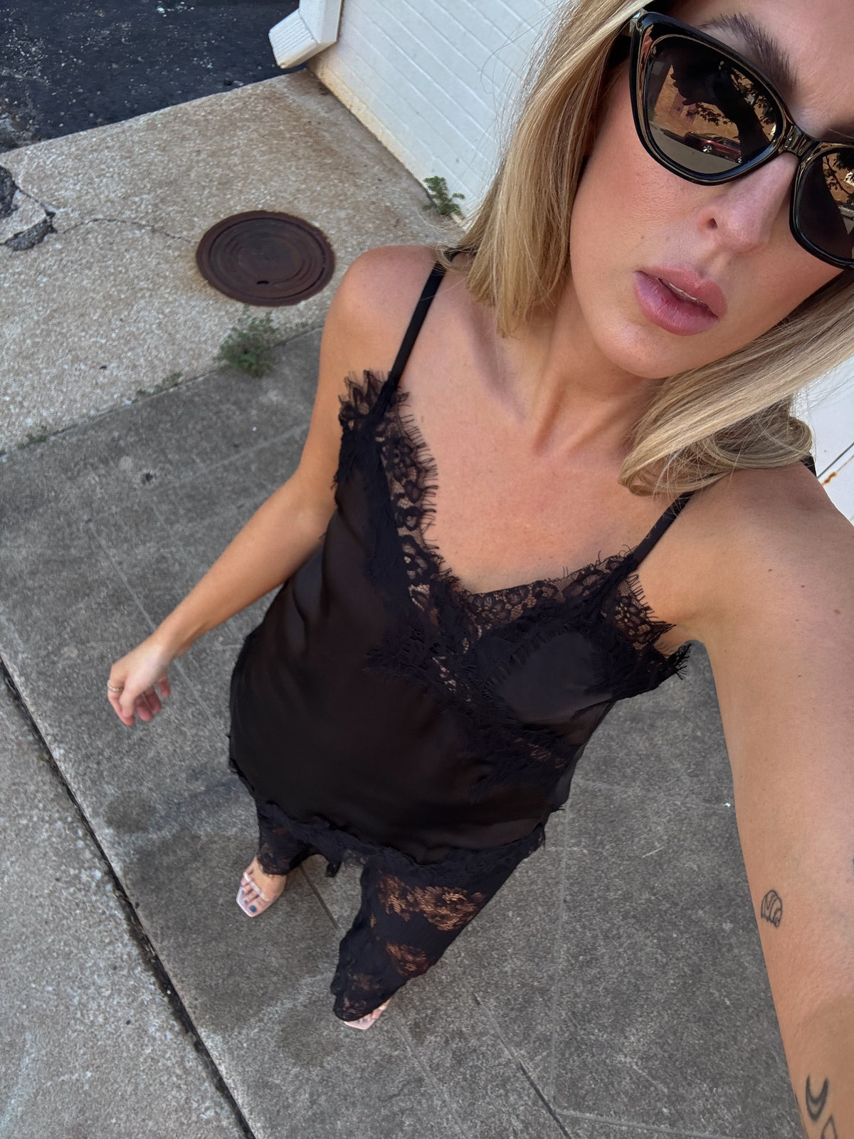 Maia Satin Lace Trim Set - Black