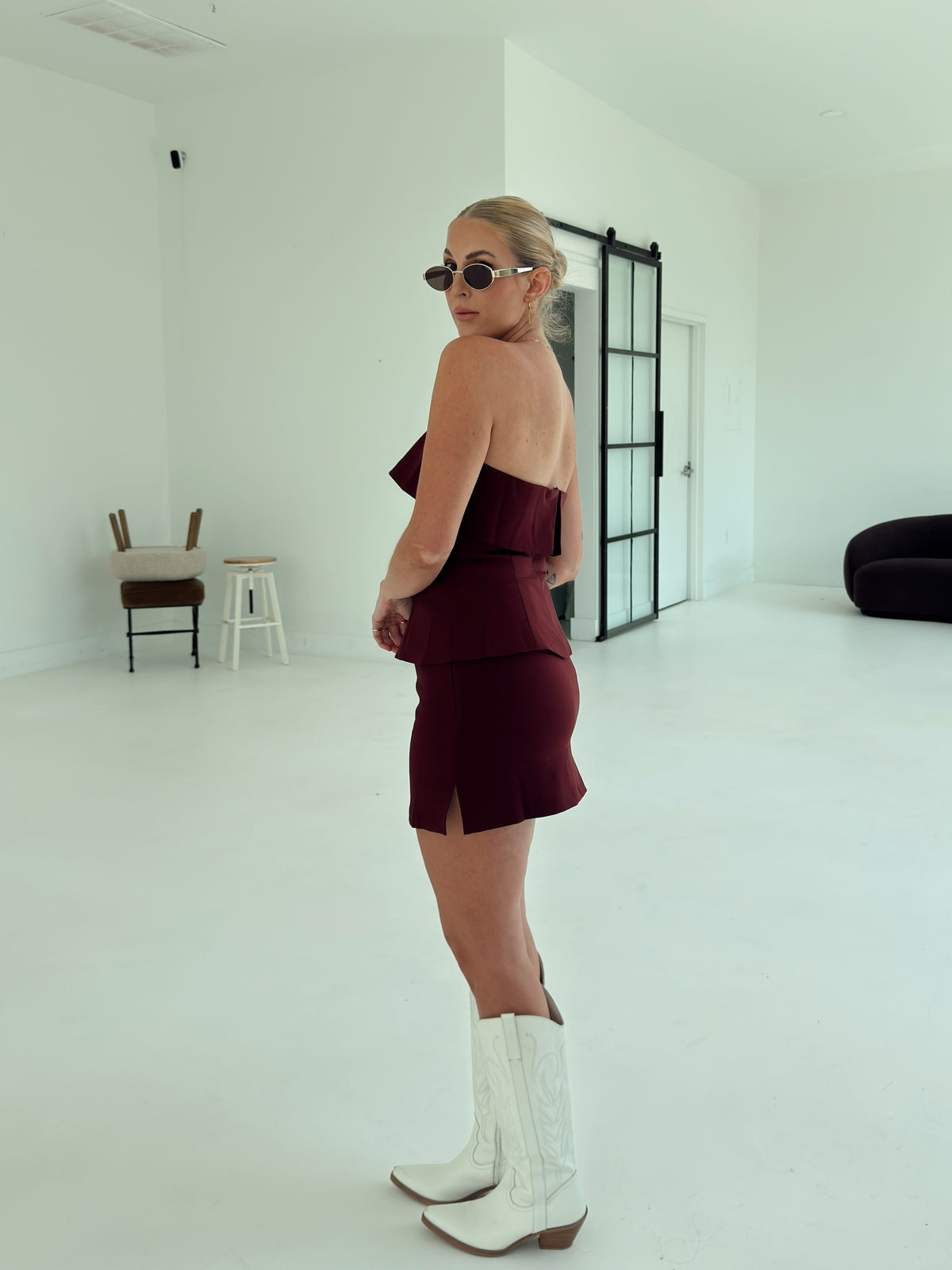 Crepe High Waist Mini Skort - Maroon