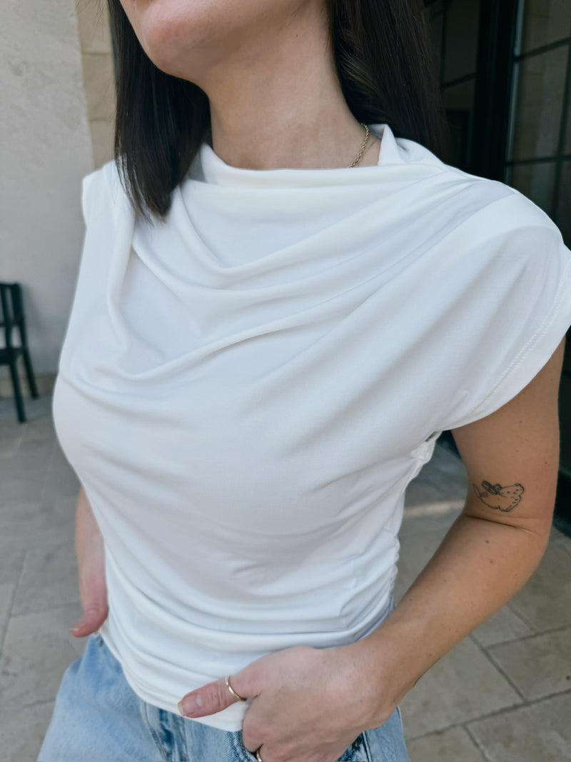 Mock Neck Short Sleeve Ruched Crop Top - White