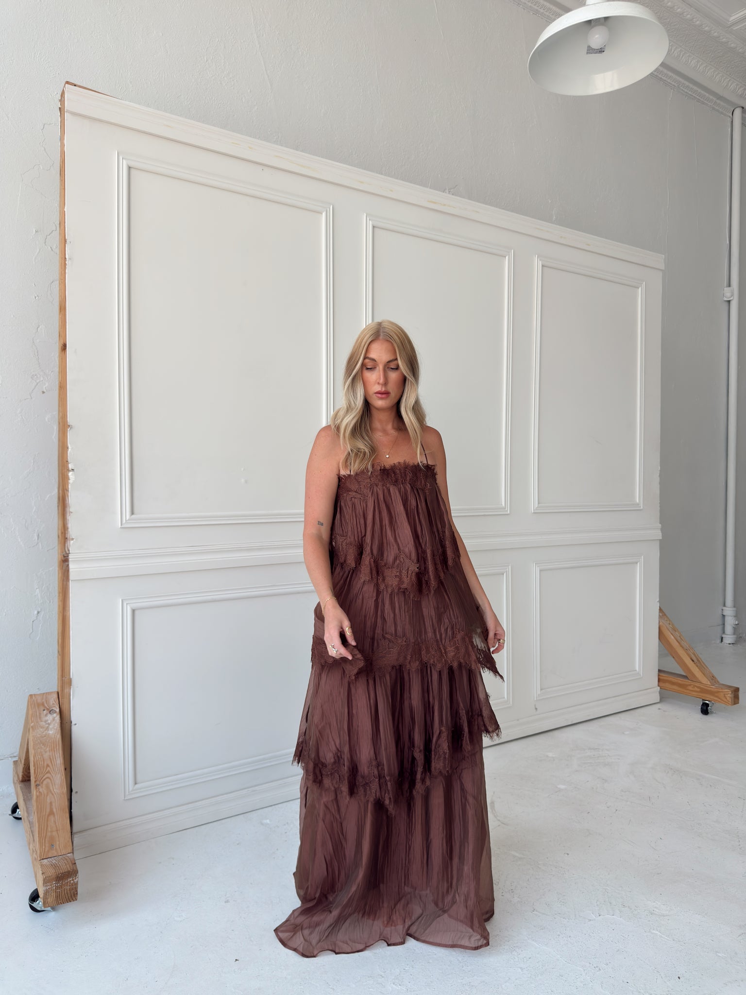 Beulah Style Tiered Lace Trim Maxi Slip Dress