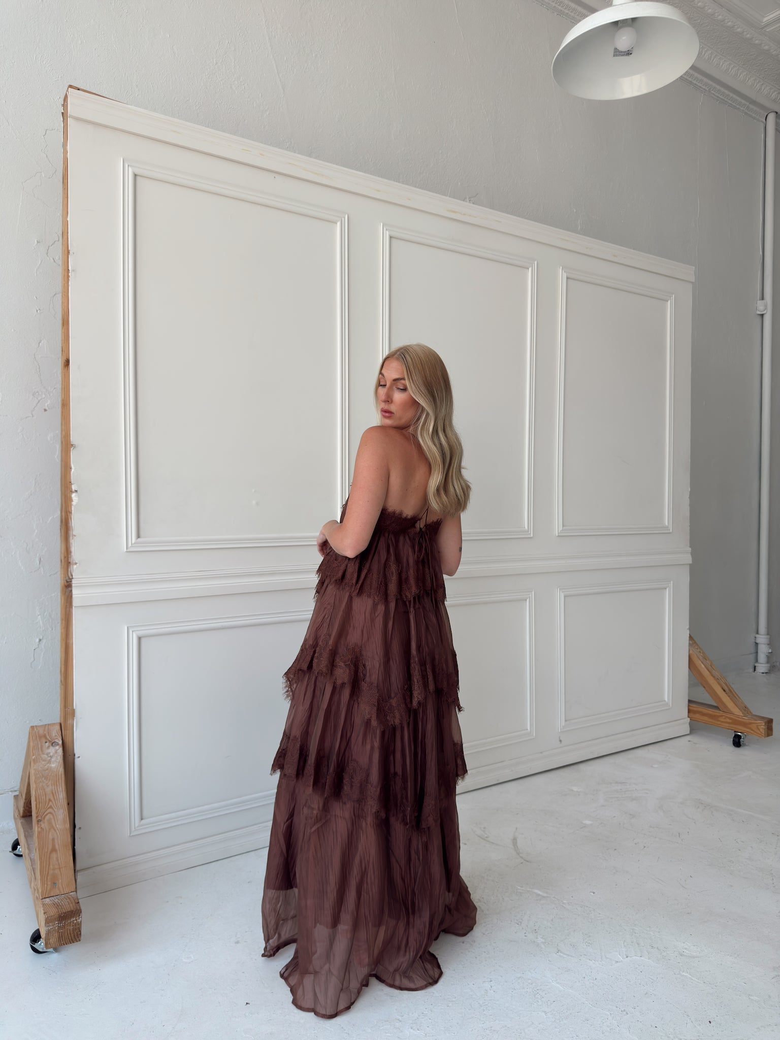 Beulah Style Tiered Lace Trim Maxi Slip Dress