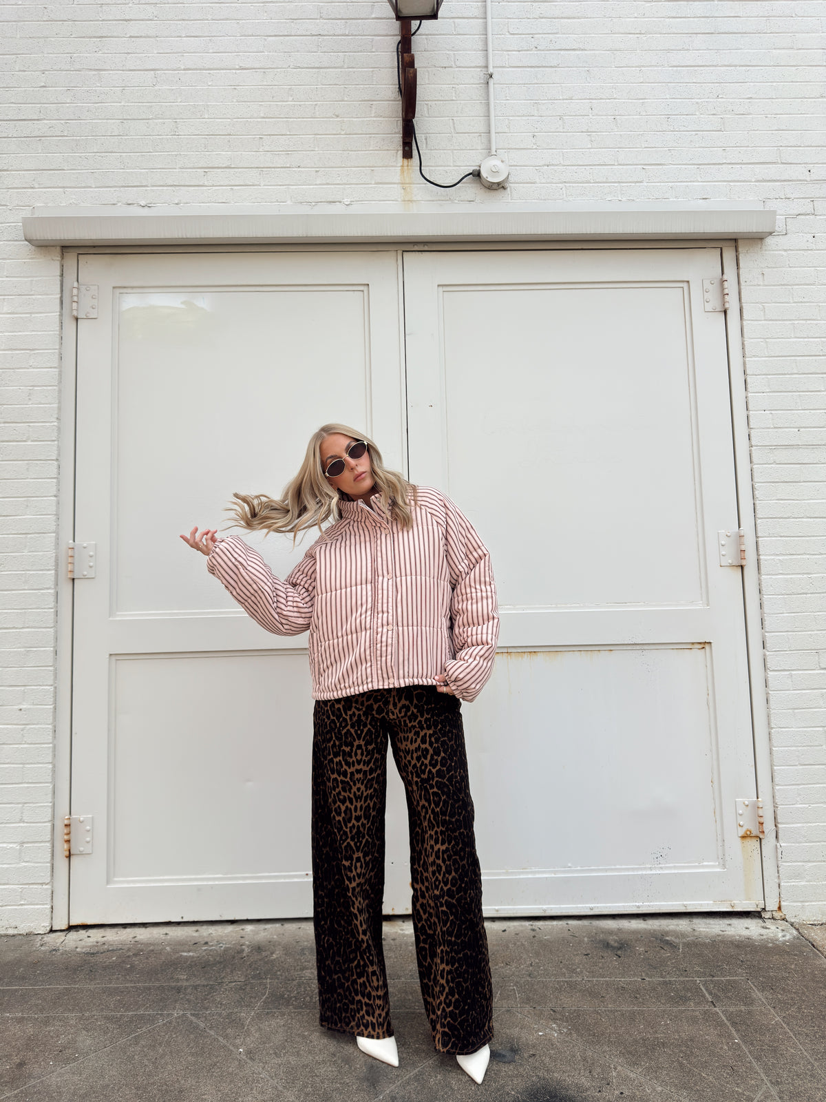 Brown and Blush Striped Puffer Jacket