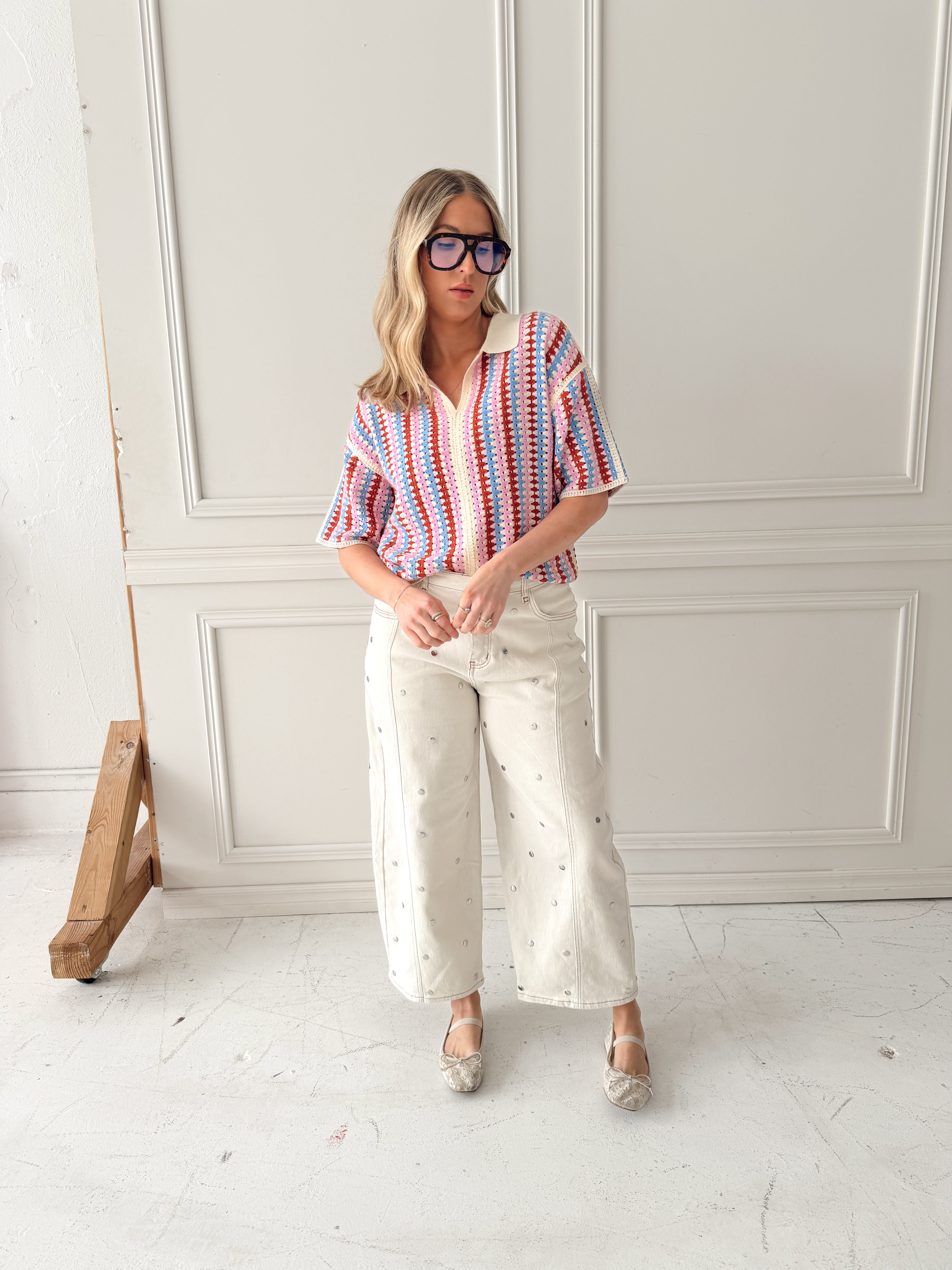 Studded Barrel Jeans - Off White