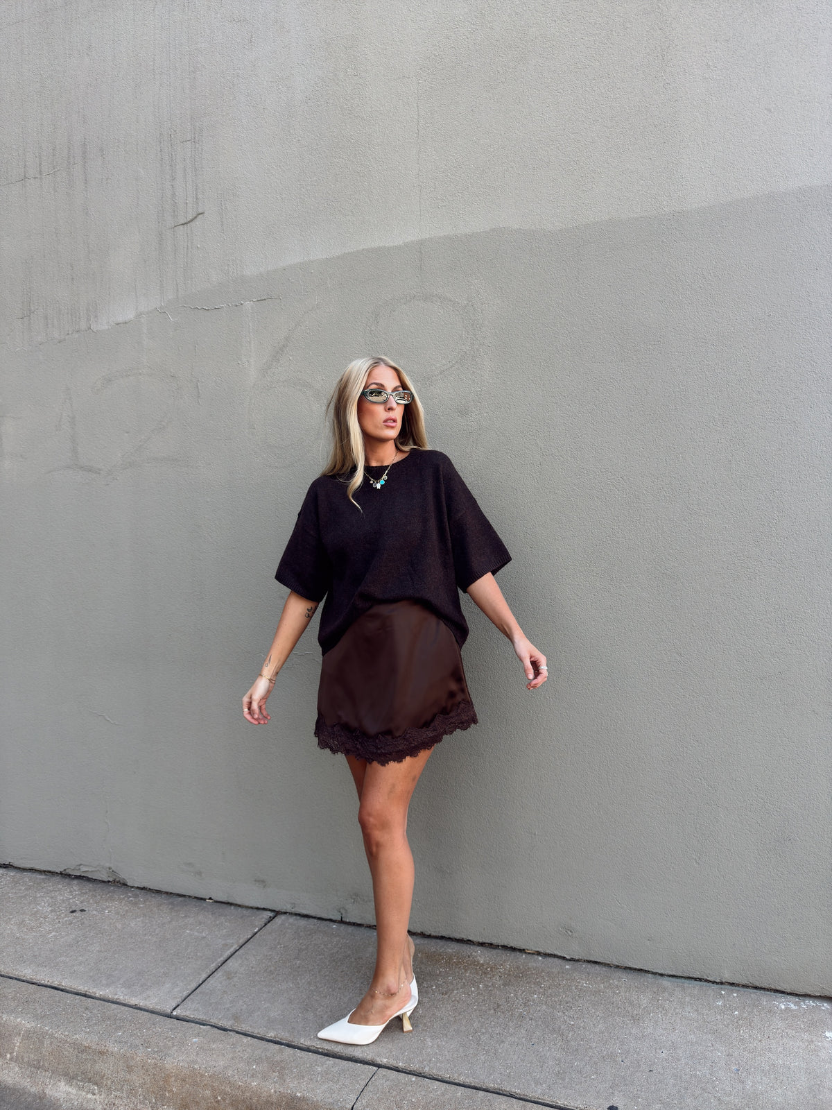 Pre-Order Sabrina Lace Trim Mini Skort - Espresso (restock eta 11/15)