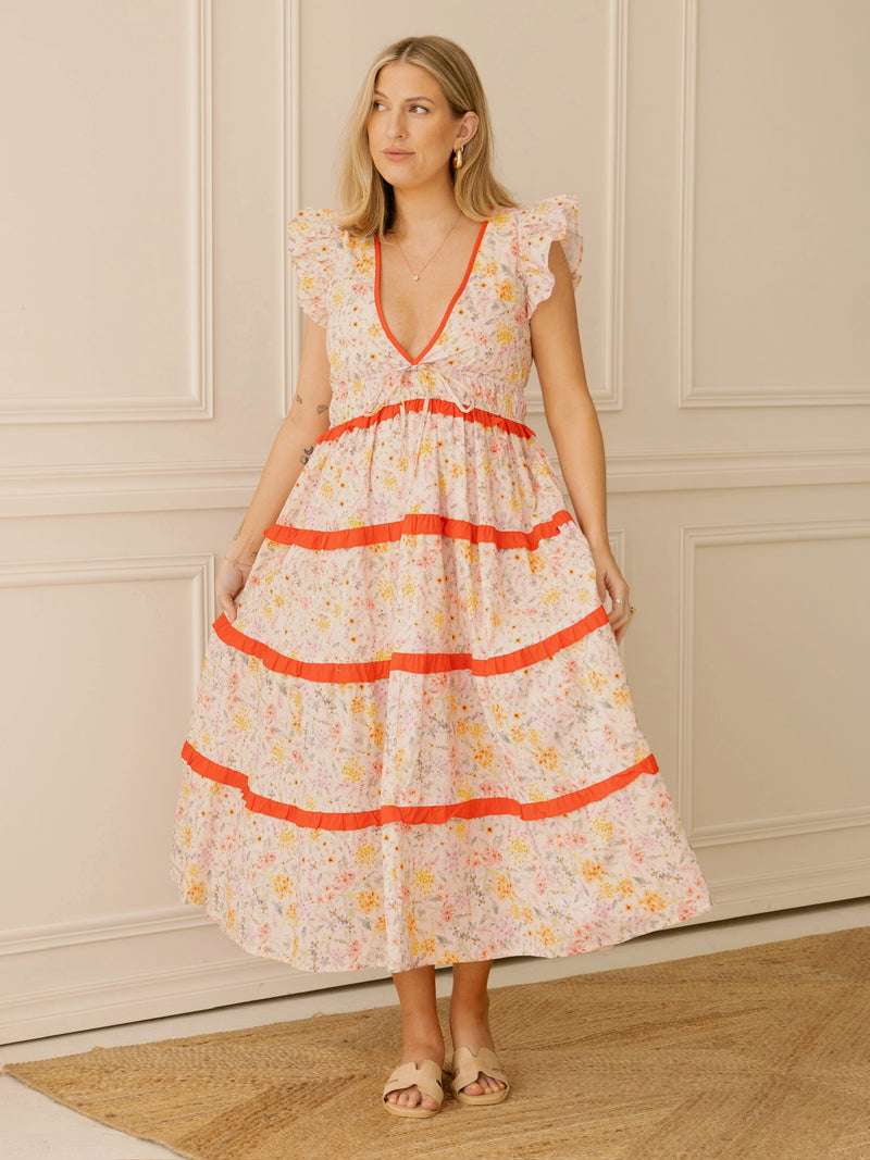 Pink Contrast Floral Midi Dress