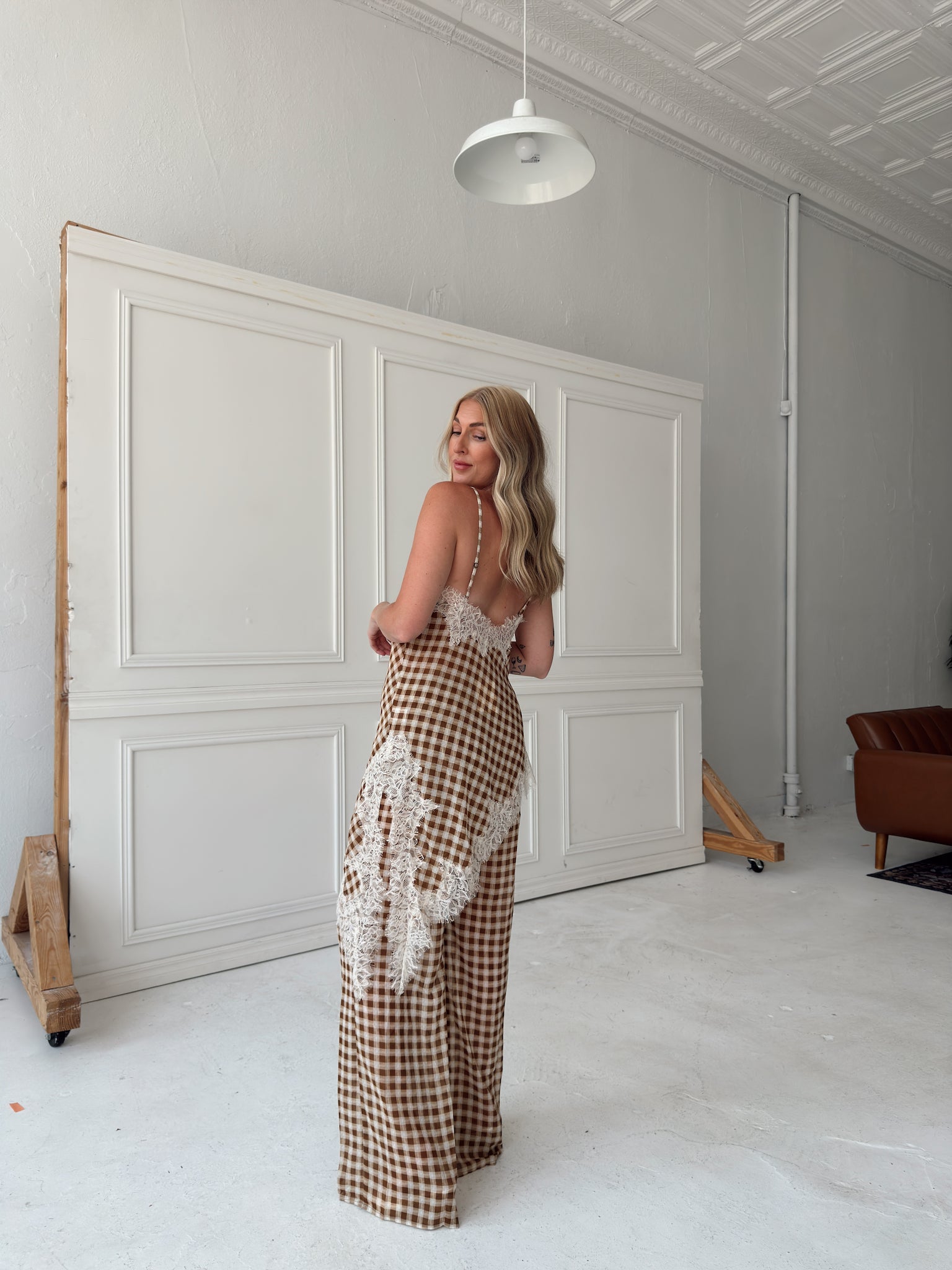 Georgia Gingham Lace Trim Set - Camel