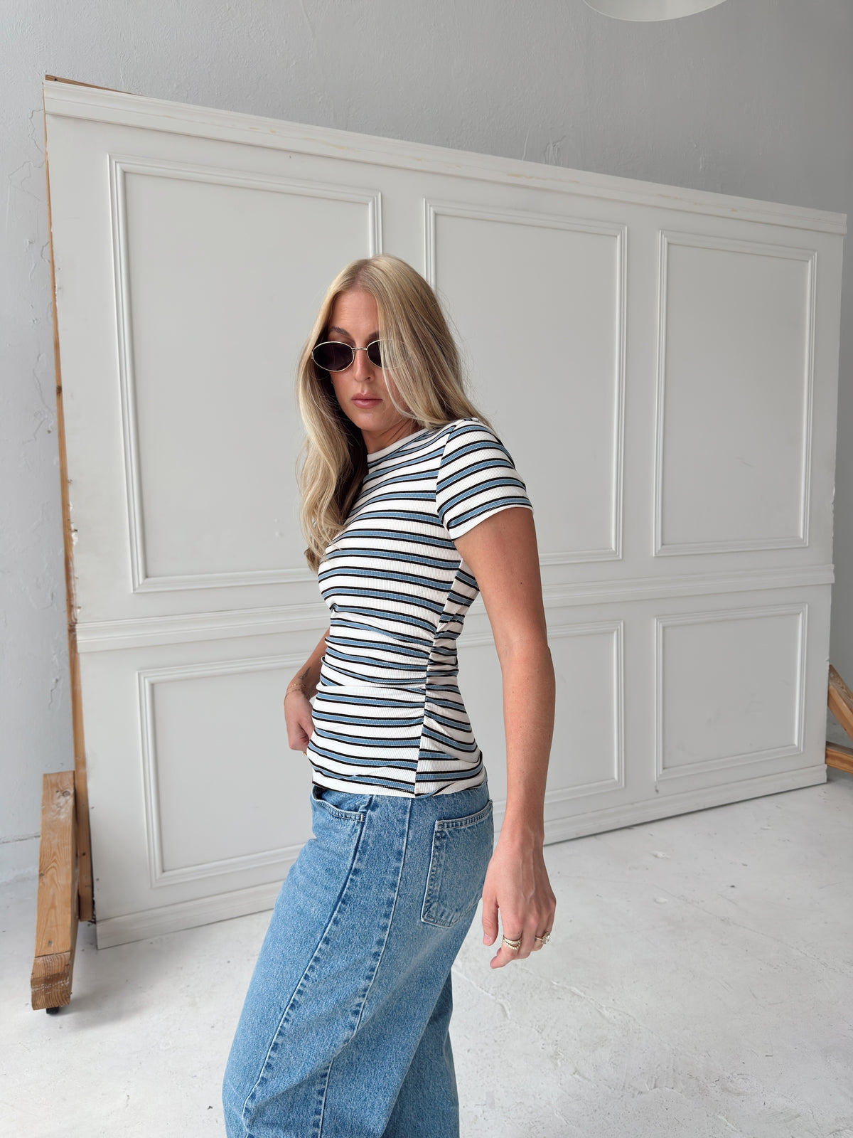 Sophia Stripe Ruched Short Sleeve Top