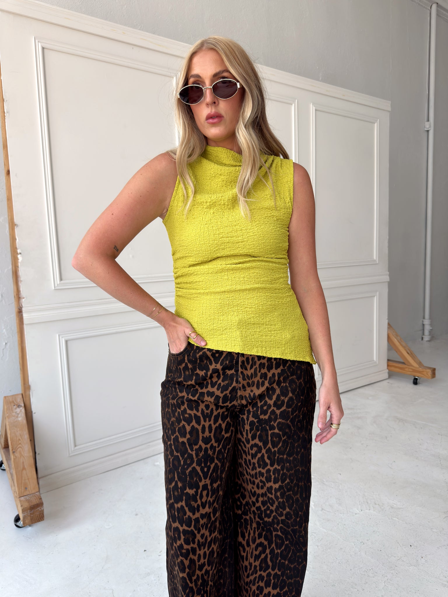 Ginny Asymmetrical Mock Neck - Chartreuse