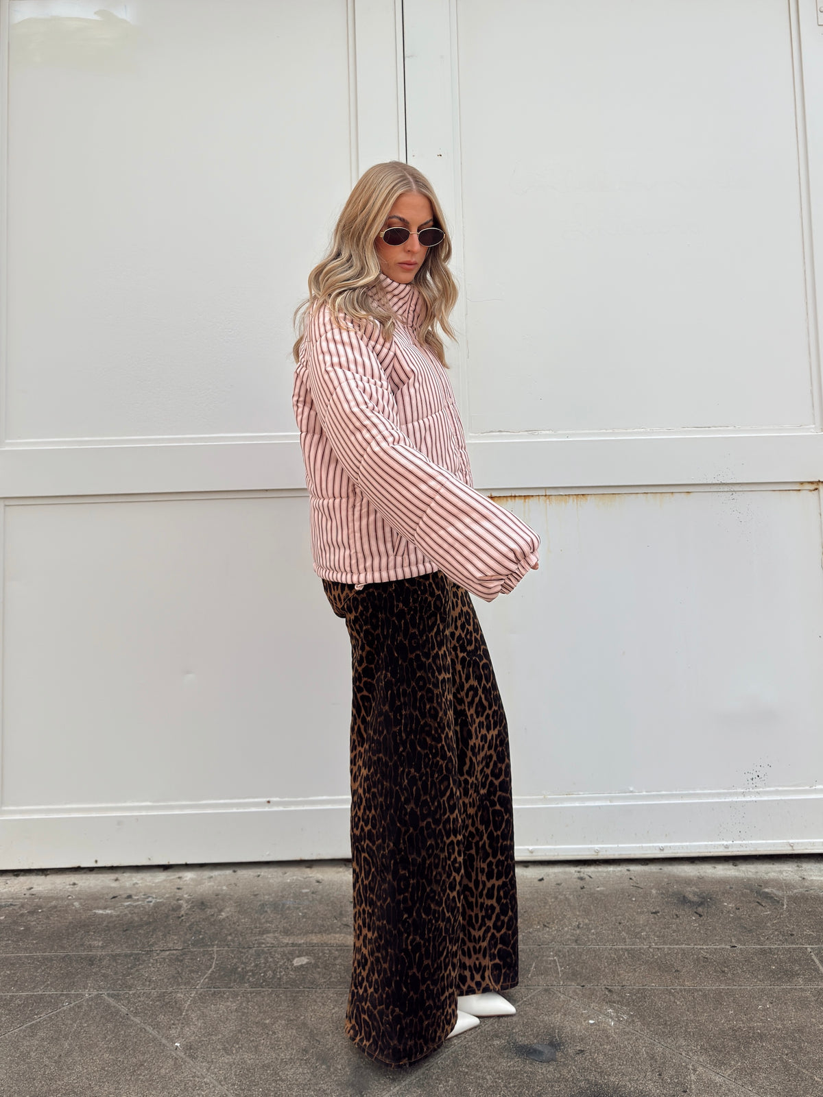 Brown and Blush Striped Puffer Jacket