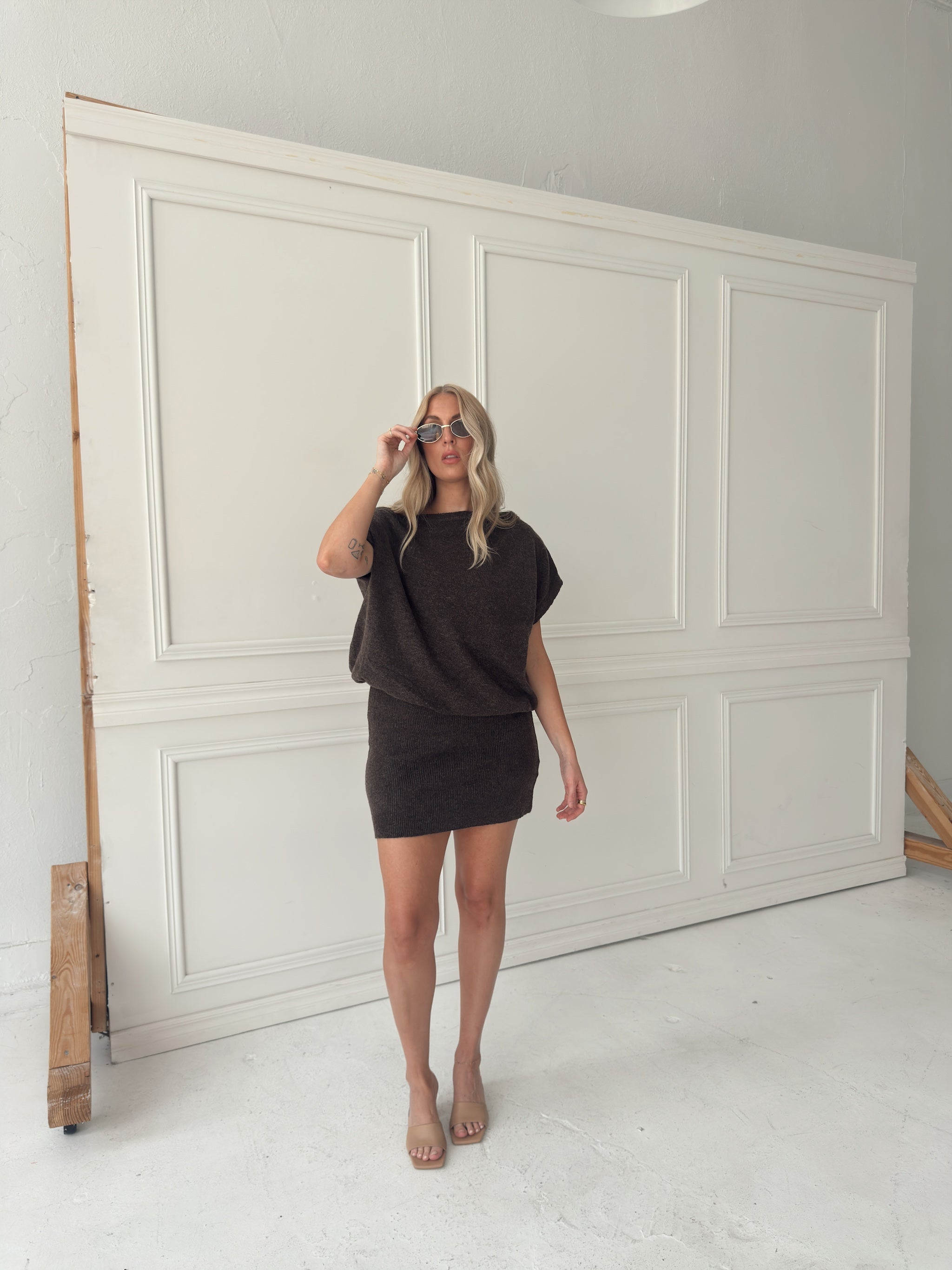 Lauren Off Shoulder Drop Waist Sweater Dress - Brown
