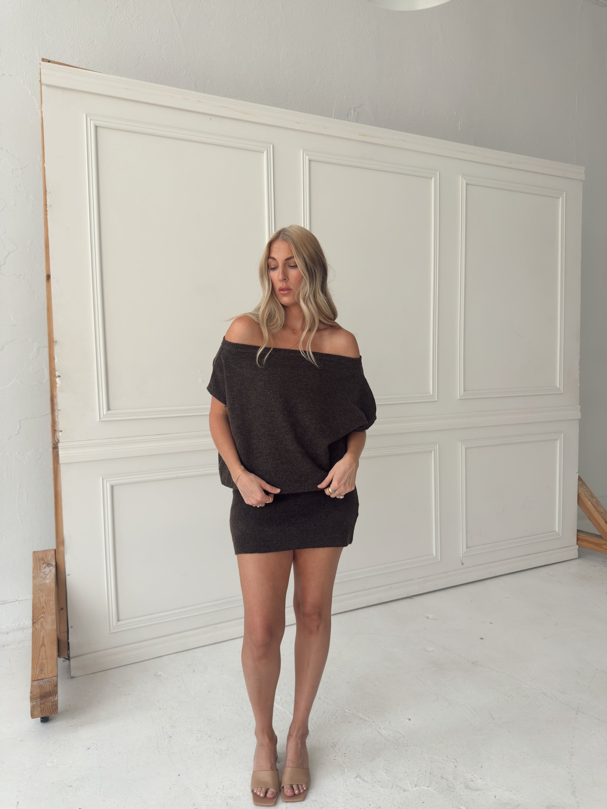 Lauren Off Shoulder Drop Waist Sweater Dress - Brown