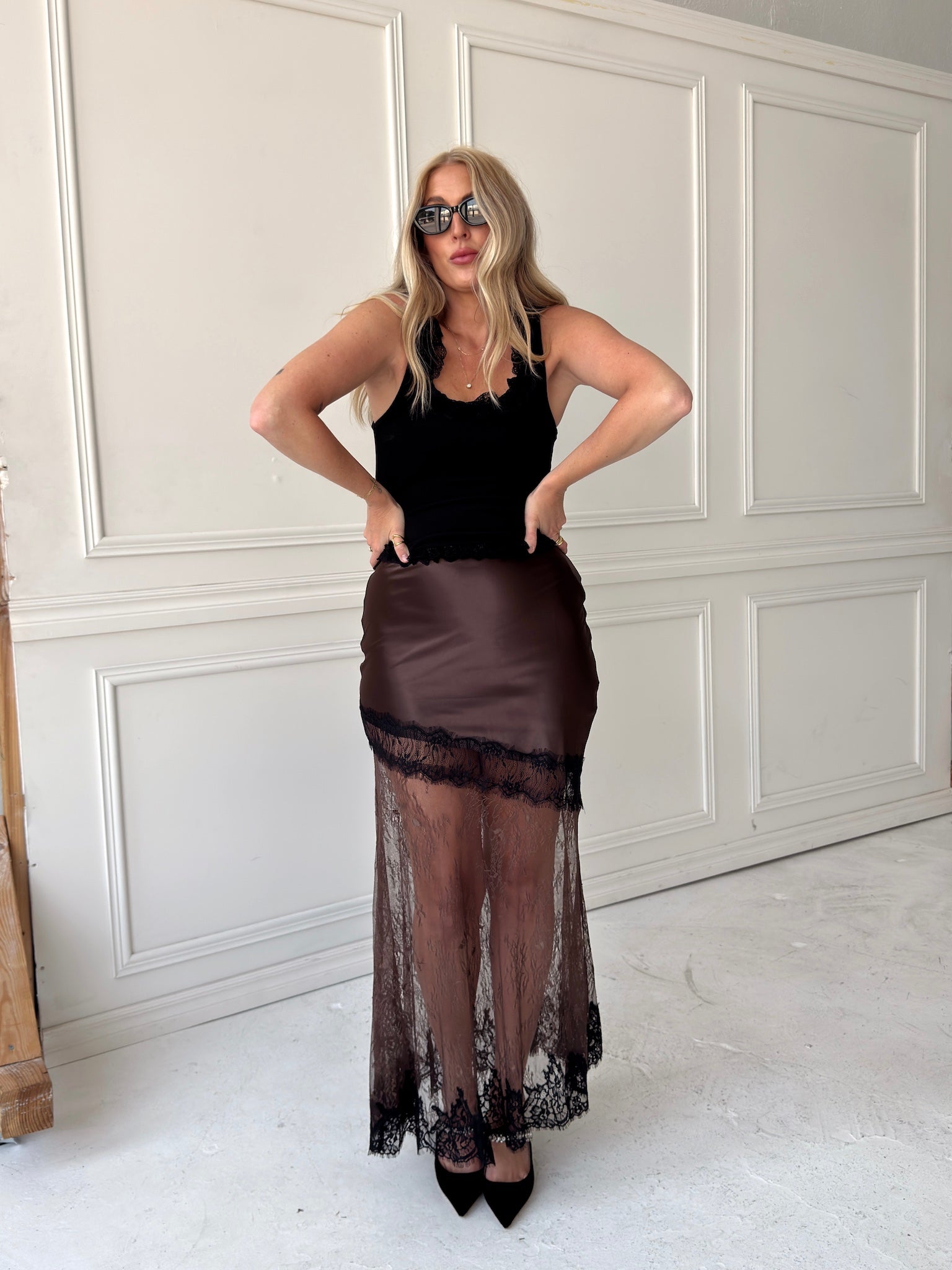 Beulah Style Asymmetrical Satin And Lace Maxi Skirt