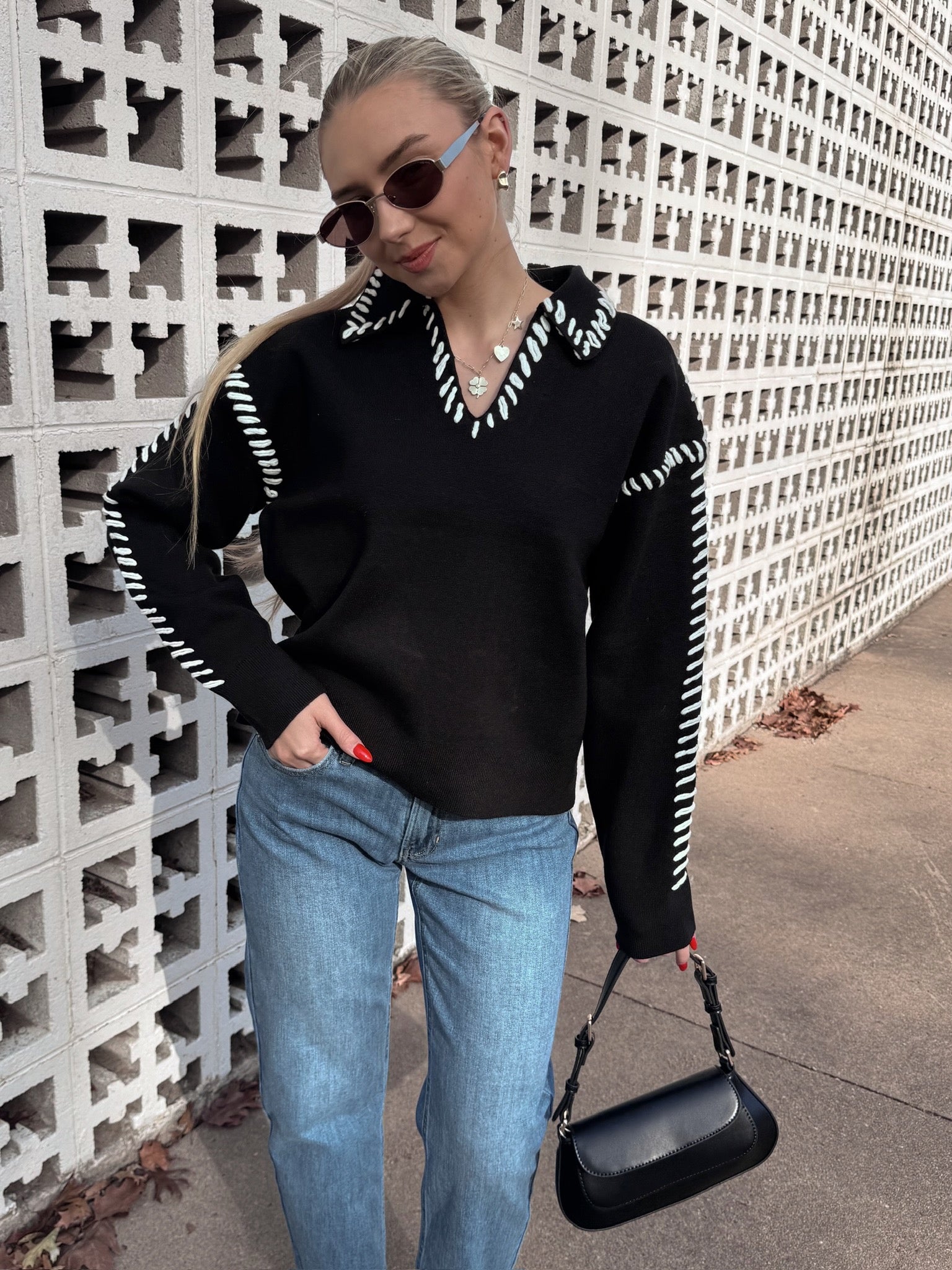 English Factory Stitch Detail Knit Collar Top