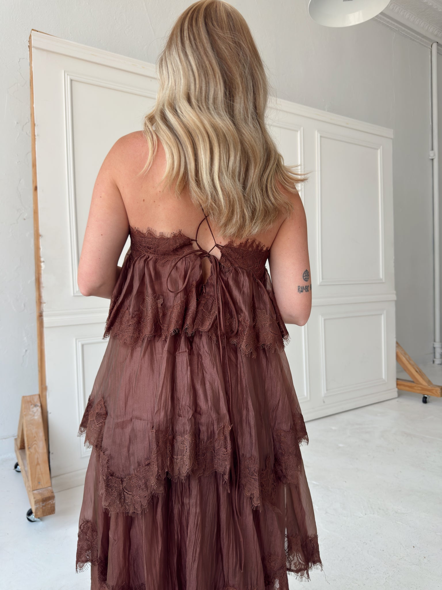 Beulah Style Tiered Lace Trim Maxi Slip Dress
